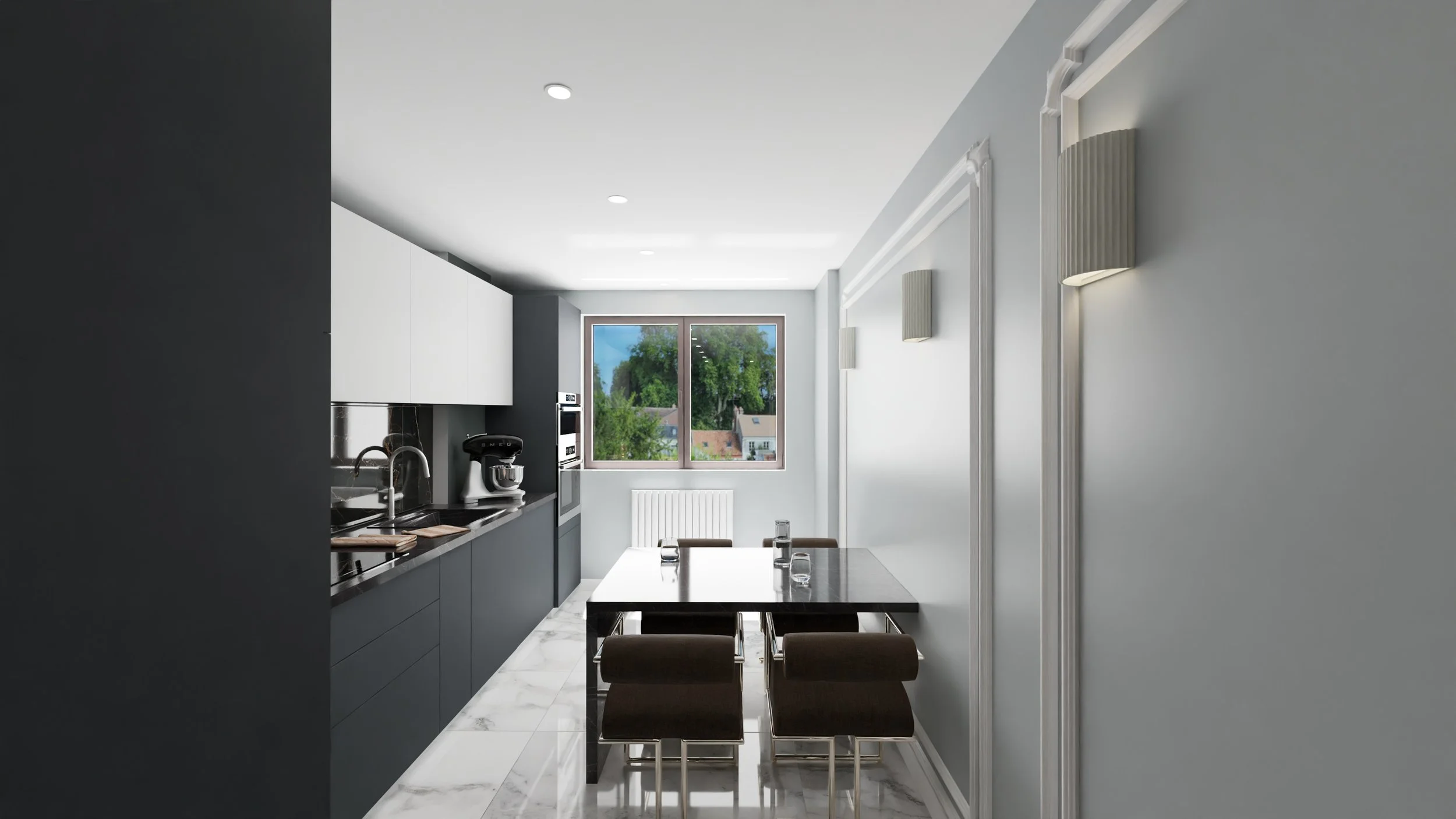 Rénovation d'un appartement en Moldavie avec cuisine moderne avec meubles hauts blancs, murs gris, plan de travail en marbre noir, appareils électroménagers, petite table, moulures. Agencement sur mesures.