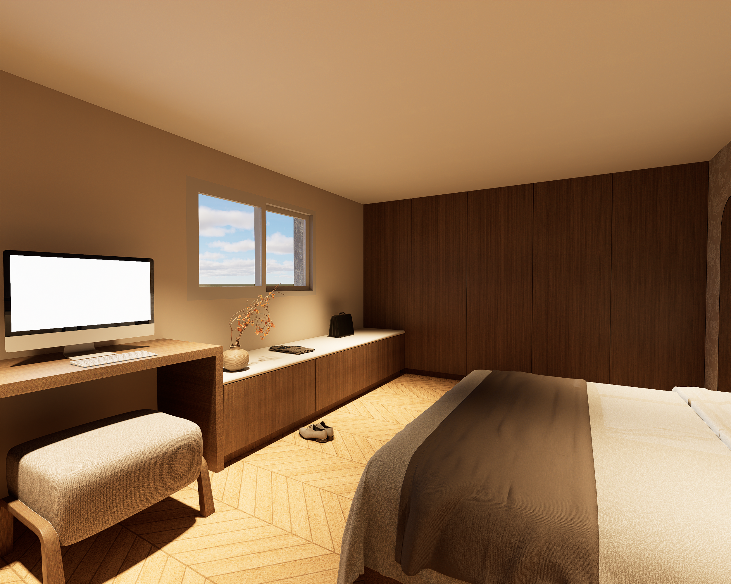 Rénovation haut de gamme d'une villa à Chelles avec chambre moderne avec lit, fauteuil, bureau avec ordinateur et fenêtre montrant un ciel ensoleillé et des nuages. Agencement sur mesure