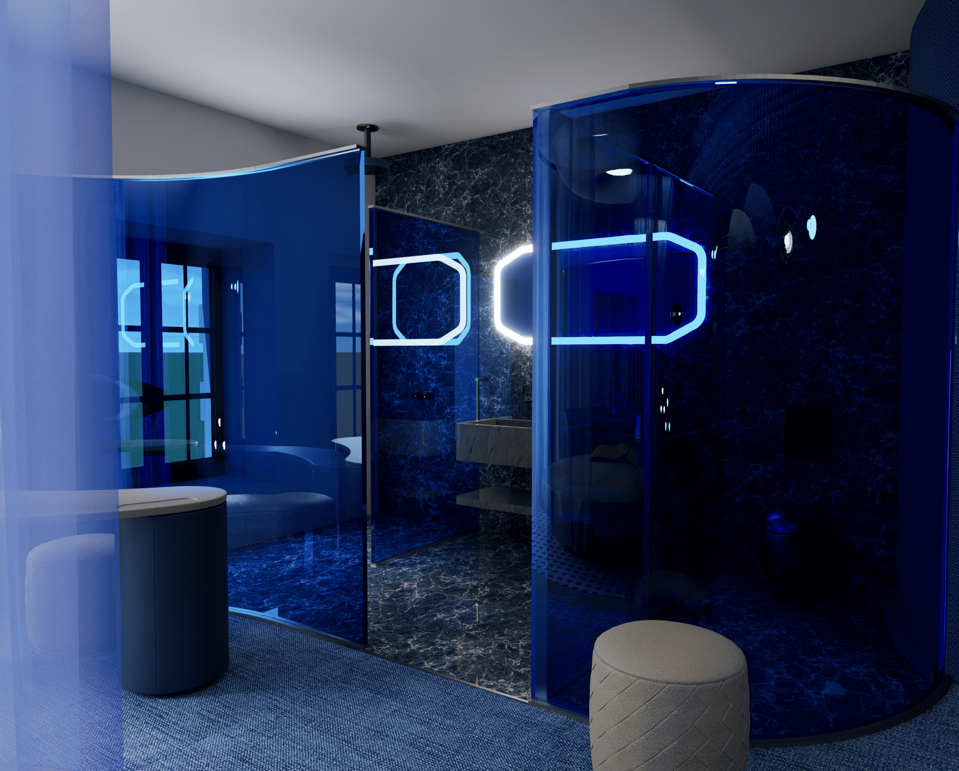 Salle de bain futuriste avec parois en verre bleu, éclairage LED, paroi de douche, toilets modernes en blanc, sol en marbre foncé, et meubles de design. Thème F1.