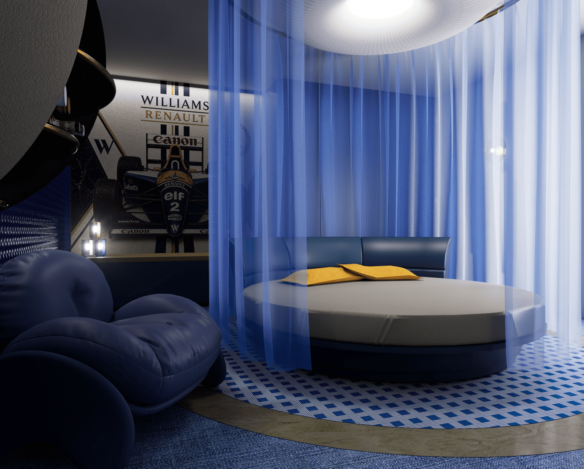 Suite avec un lit central gris, un tapis à motif bleu et blanc, et une cloison violette transparente. Mur avec une grande affiche de course automobile et des logos de Williams, Renault, et Canon.