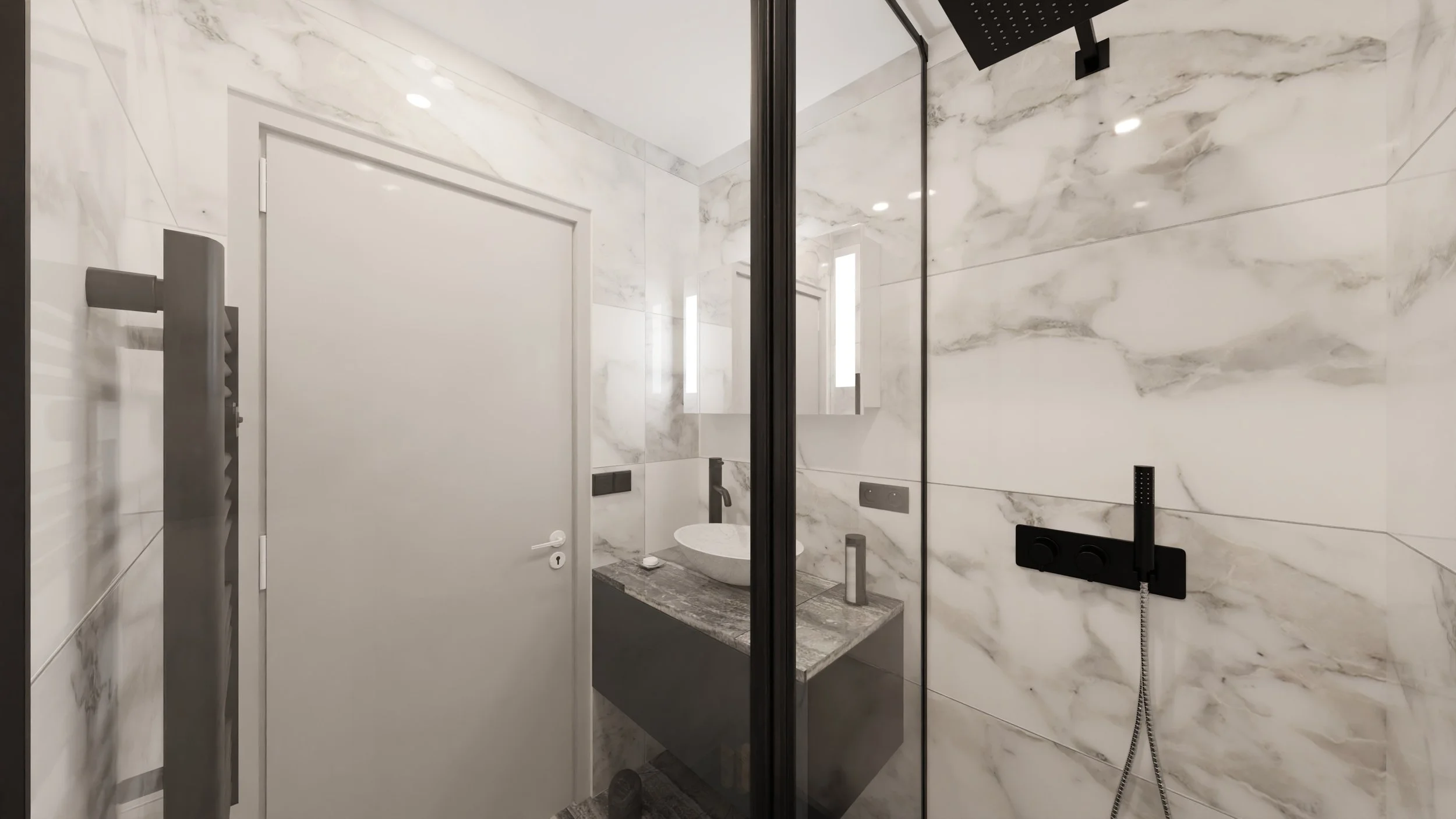 Rénovation d'un appartement en Moldavie avec une salle de bain moderne avec murs en marbre blanc, douche avec porte en verre, lavabo en pierre, miroir, et accessoires noirs. Agencement haut de gamme sur mesures.