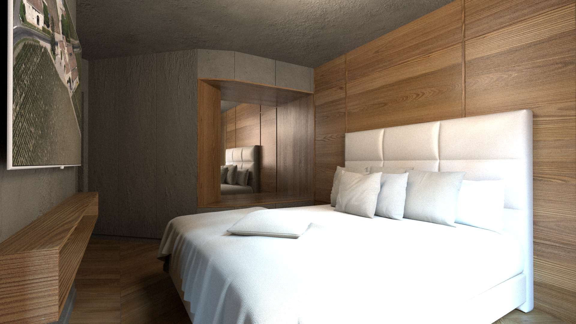 Une chambre moderne avec un lit blanc, une tête de lit rembourrée, des coussins gris, un mur en bois, un miroir rectangulaire et une peinture murale d'un paysage rural. Appartement haut de gamme rénové selon le thème du vin à Neuilly sur Seine.
