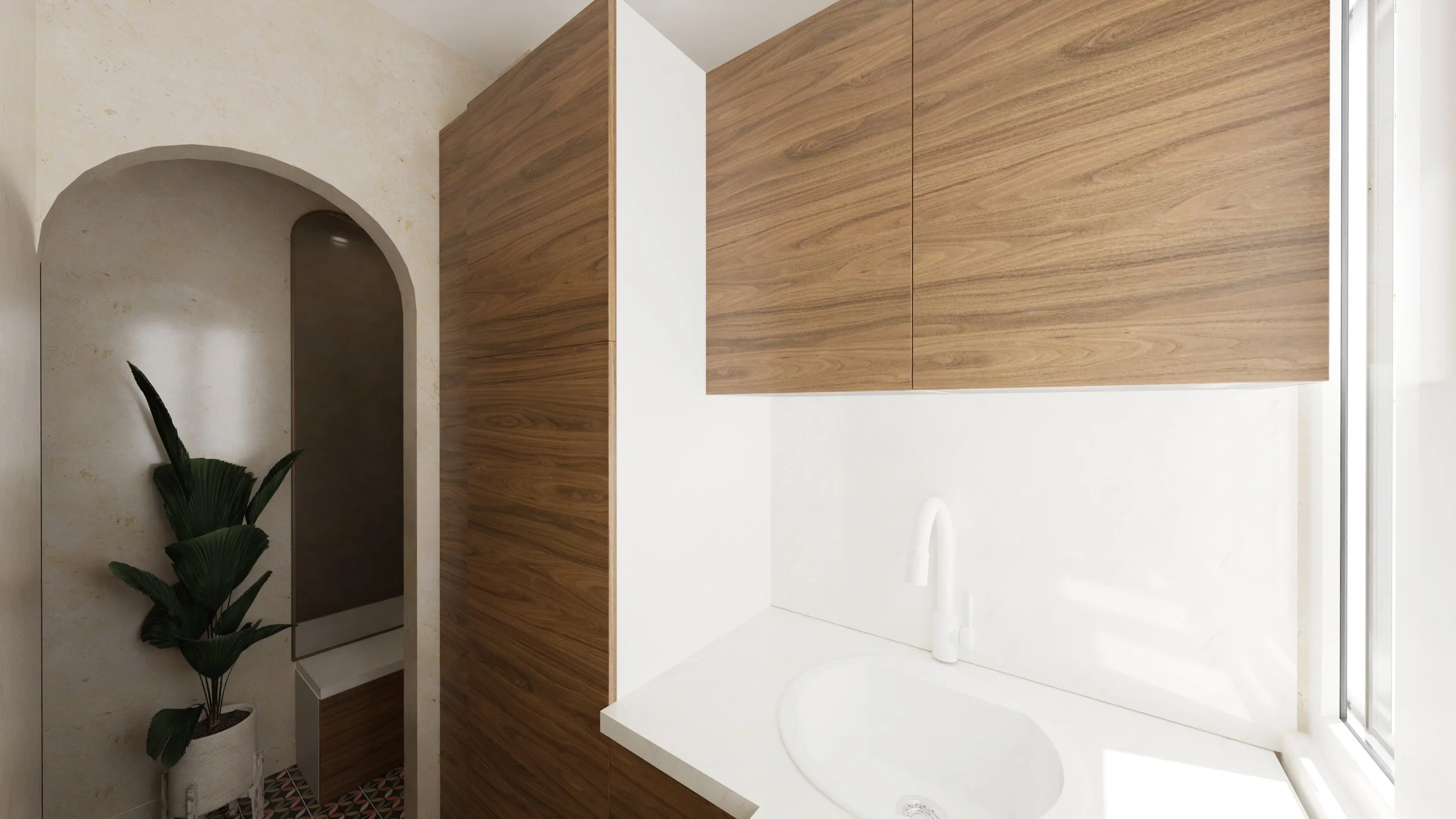 Rénovation haut de gamme d'un appartement dans Paris 12 avec cuisine moderne avec un miroir, un évier blanc, une colonne en bois. Agencement sur mesures.