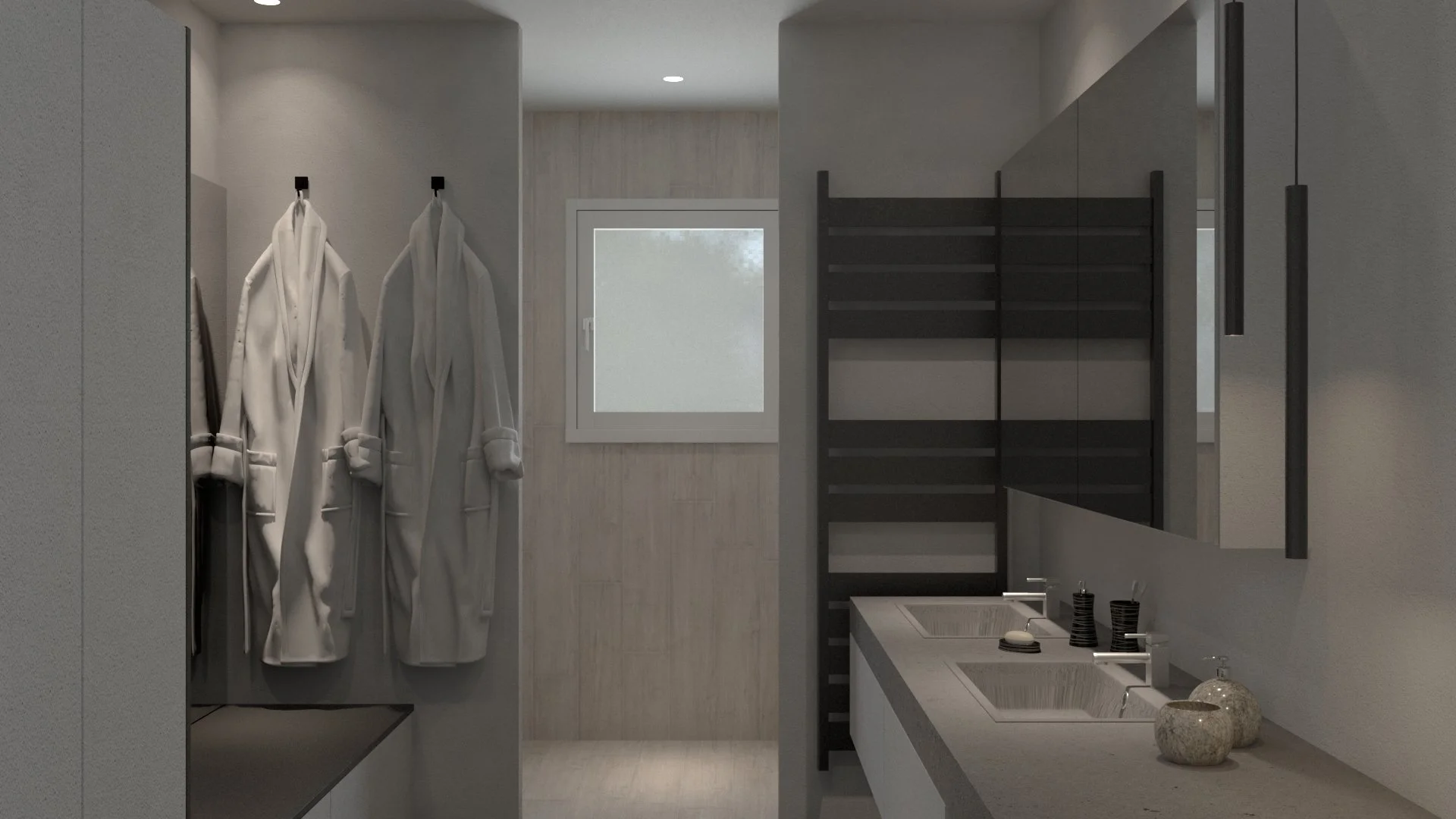 Rénovation haut de gamme d'une maison à Charnay avec une salle de bain dans des tons bruts, béton ciré gris clair, agencement sur mesures avec colonnes de rangement et banc, grande douche à l'italienne.