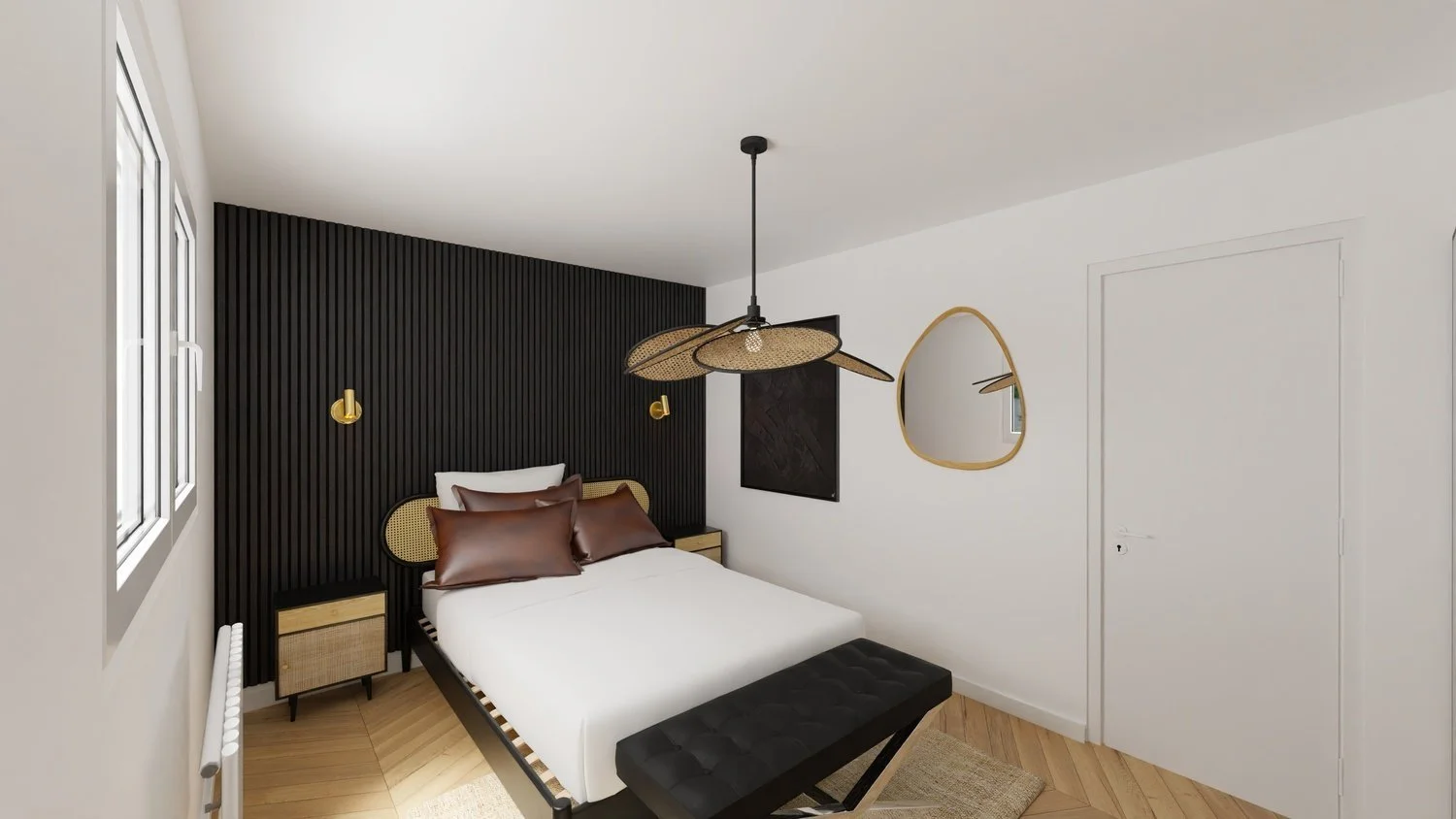 Rénovation haut de gamme d'un appartement avec chambre moderne avec lit blanc, tête de lit en bois et noir, lampe suspendue en rotin au plafond, mur blanc avec deux fenêtres laissant entrer la lumière. Agencement sur mesures