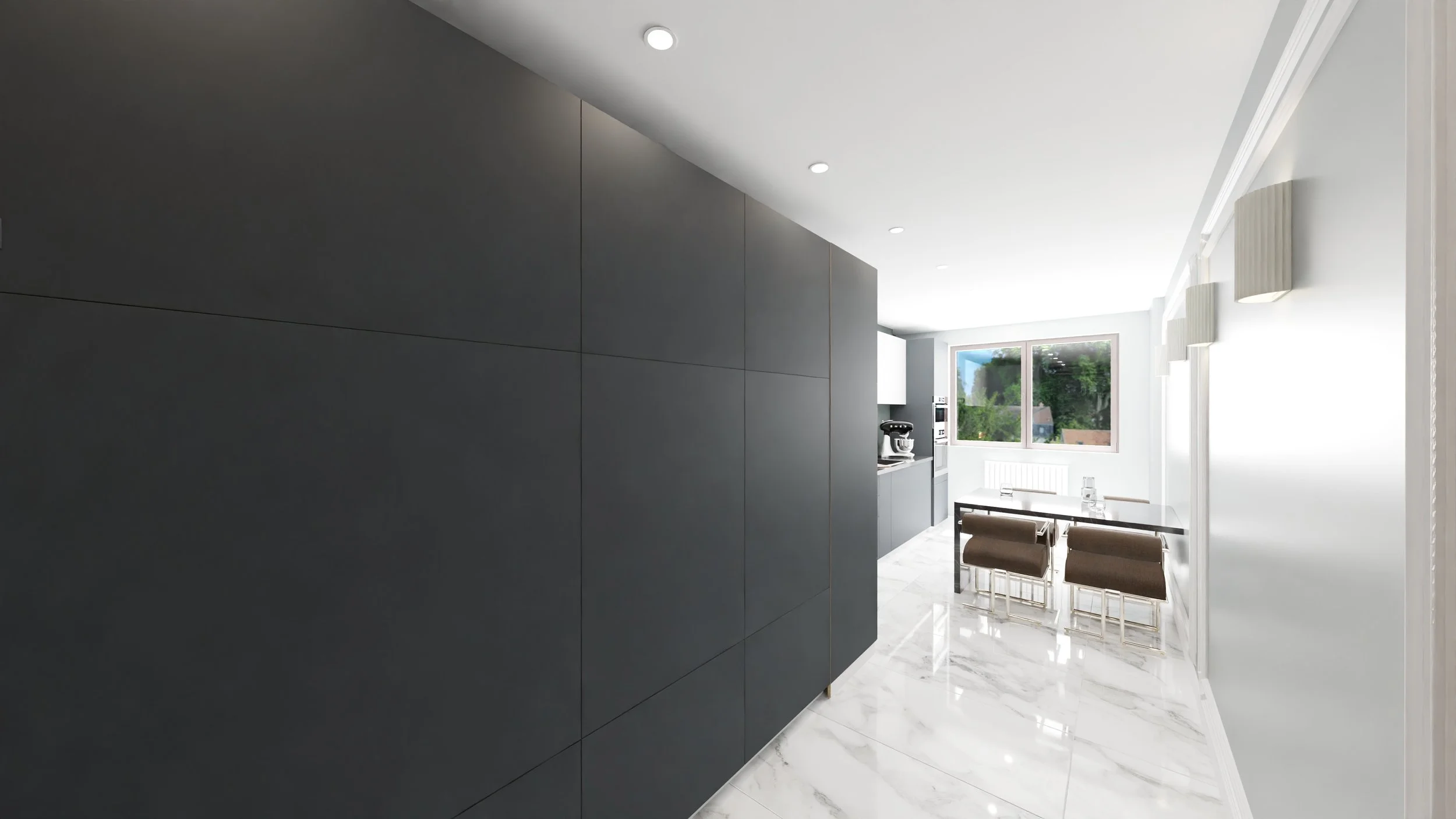 Rénovation d'un appartement en Moldavie avec cuisine moderne avec meubles hauts blancs, murs gris, plan de travail en marbre noir, appareils électroménagers, petite table, moulures. Agencement sur mesures.
