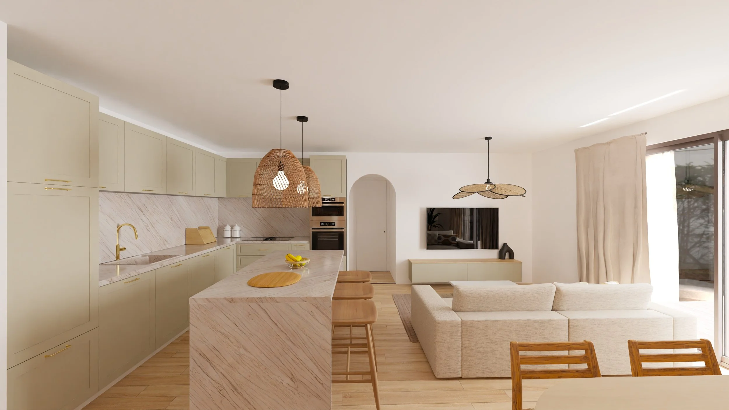 Intérieur d'une cuisine et d'un salon modernes avec des couleurs neutres, un plan de travail en marbre, des armoires beige, un plafond blanc, un canapé beige, une télévision et une grande fenêtre avec rideaux beige. Création sur-mesure