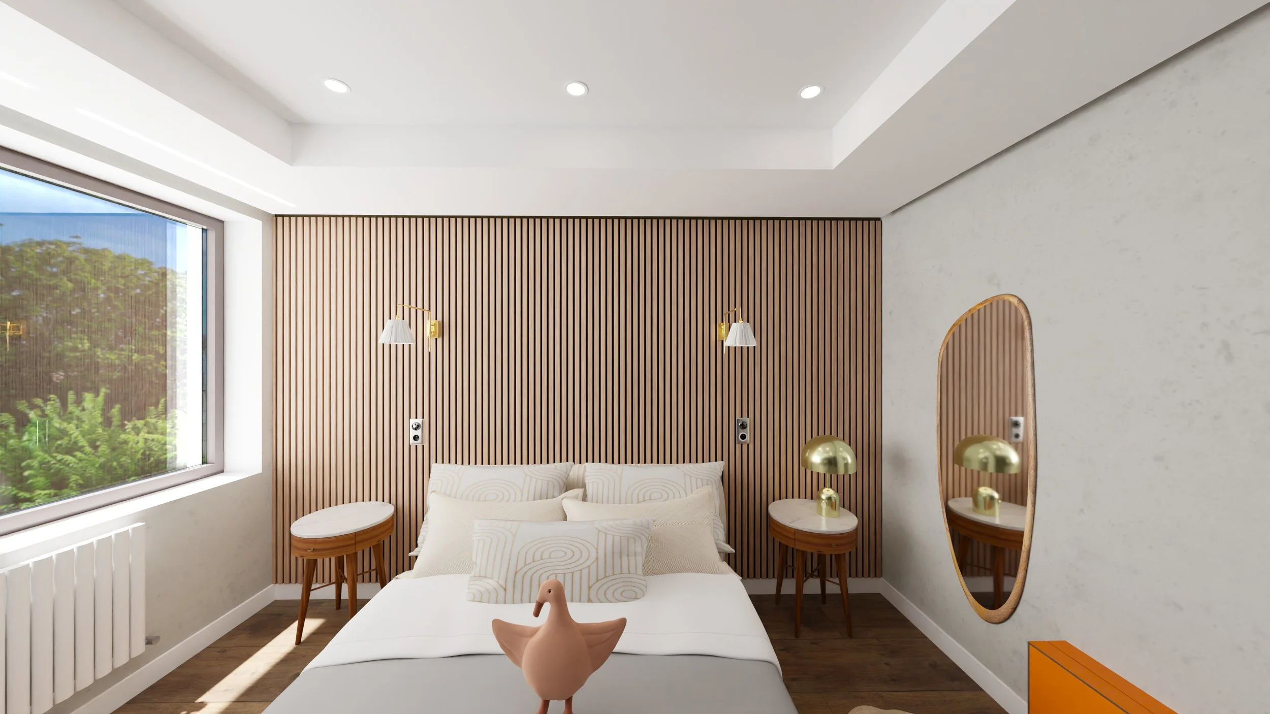 Rénovation d'un appartement en Moldavie avec une chambre moderne avec un mur en bois vertical, un lit blanc, une grande fenêtre laissant entrer la lumière naturelle et une lampe en arc argentée. Agencement haut de gamme sur mesure.