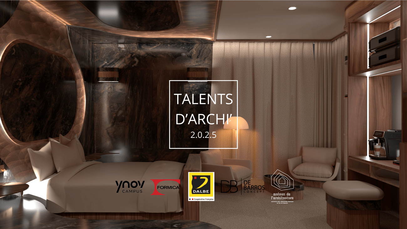 Intérieur d'une chambre d'hôtel 4 étoiles en Formica moderne et haut de gamme avec un lit, des fauteuils, et des étagères en bois, ambiance chaleureuse avec éclairage tamisé, pour le concours Talents d'archi 2025 avec Ynov.