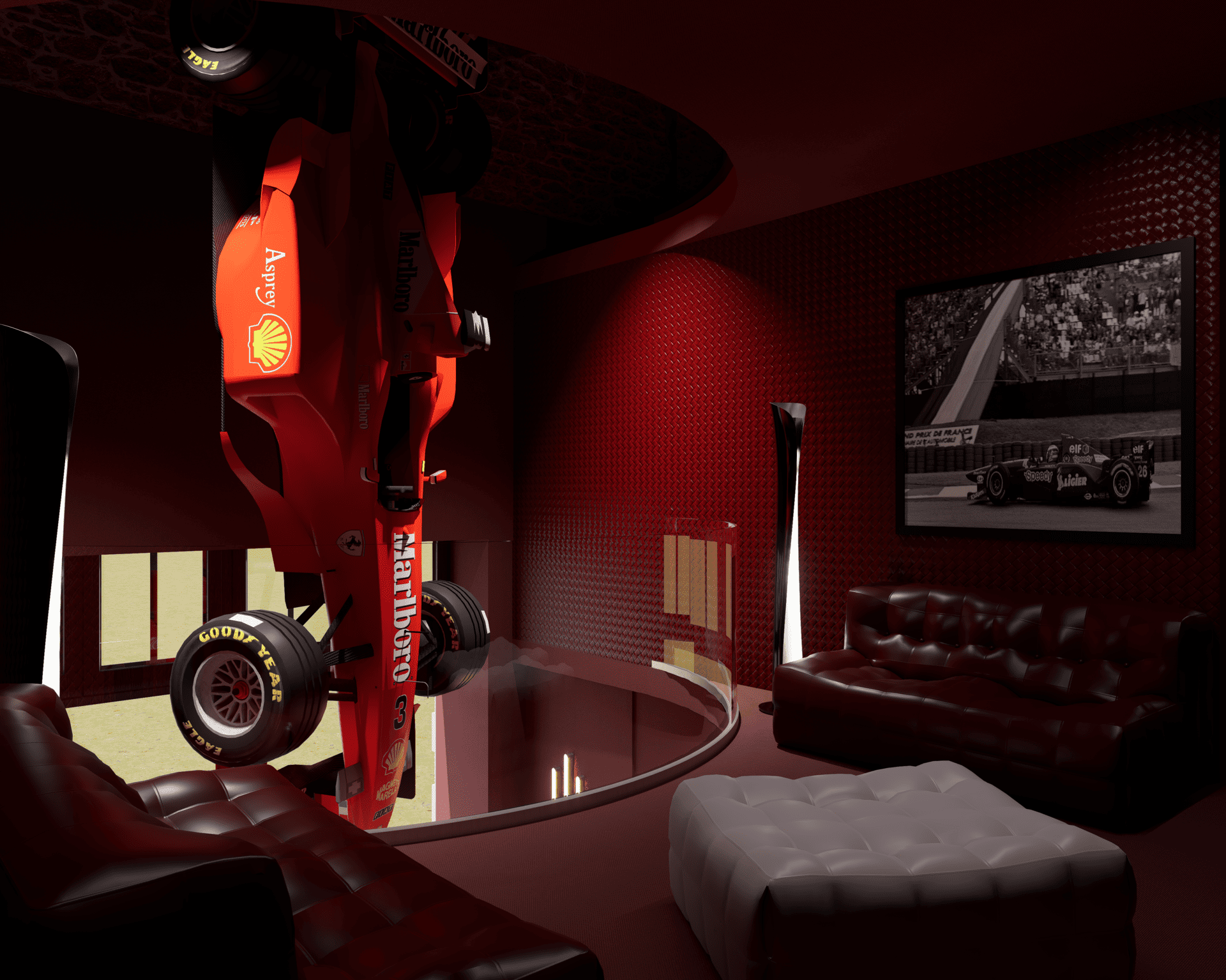 Lounge en mezzanine, un fauteuil en cuir noir, une Formule 1 Ferrari rouge suspendue en l'air.