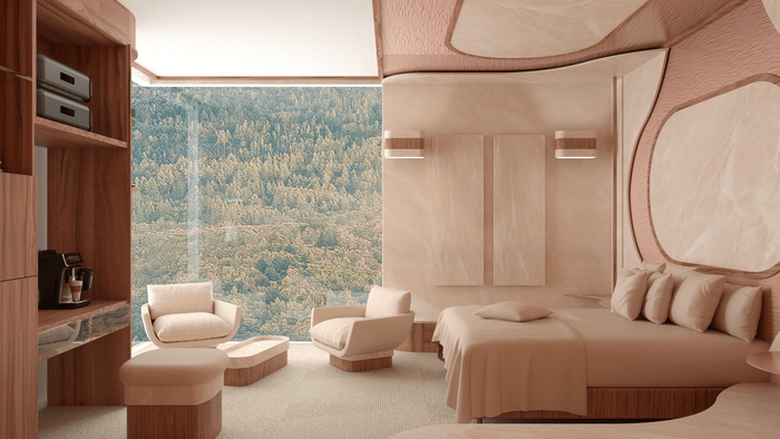 Chambre d'hôtel 4 étoiles moderne en Formica avec grand fenêtre offrant une vue sur une forêt et des montagnes, lit avec plusieurs coussins, fauteuils confortables, et décoration design en bois clair.