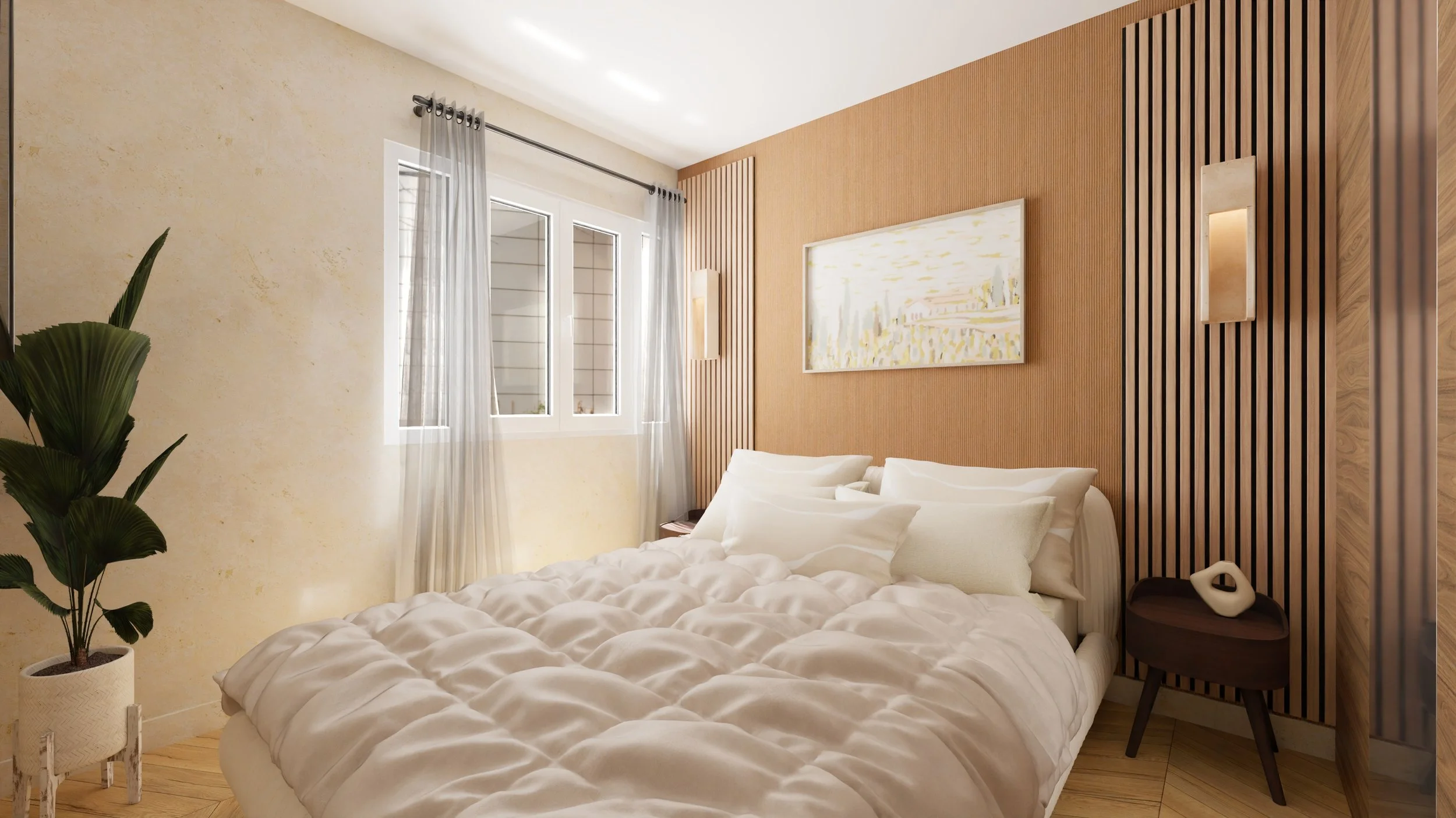 Rénovation haut de gamme d'un appartement dans Paris 12 avec chambre moderne avec lit blanc, murs en bois, miroir mural, peinture abstraite et porte en bois. Agencement sur mesures.