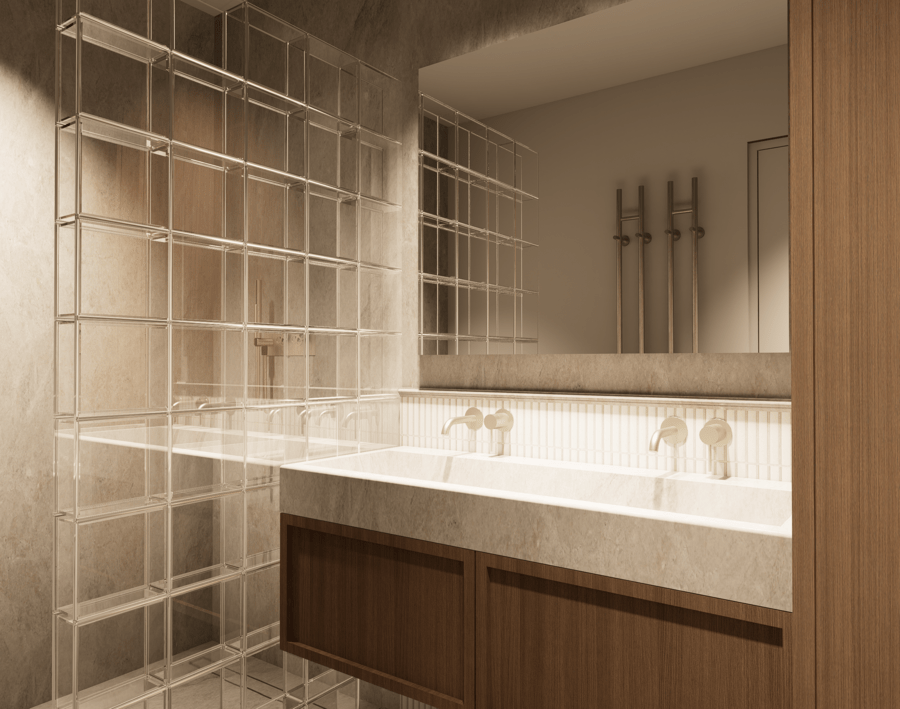 Rénovation haut de gamme d'un appartement à Saint Denis, salle de bain en bois de noyer, sublimé par une cloison en briques verre et une vasque en pierre.