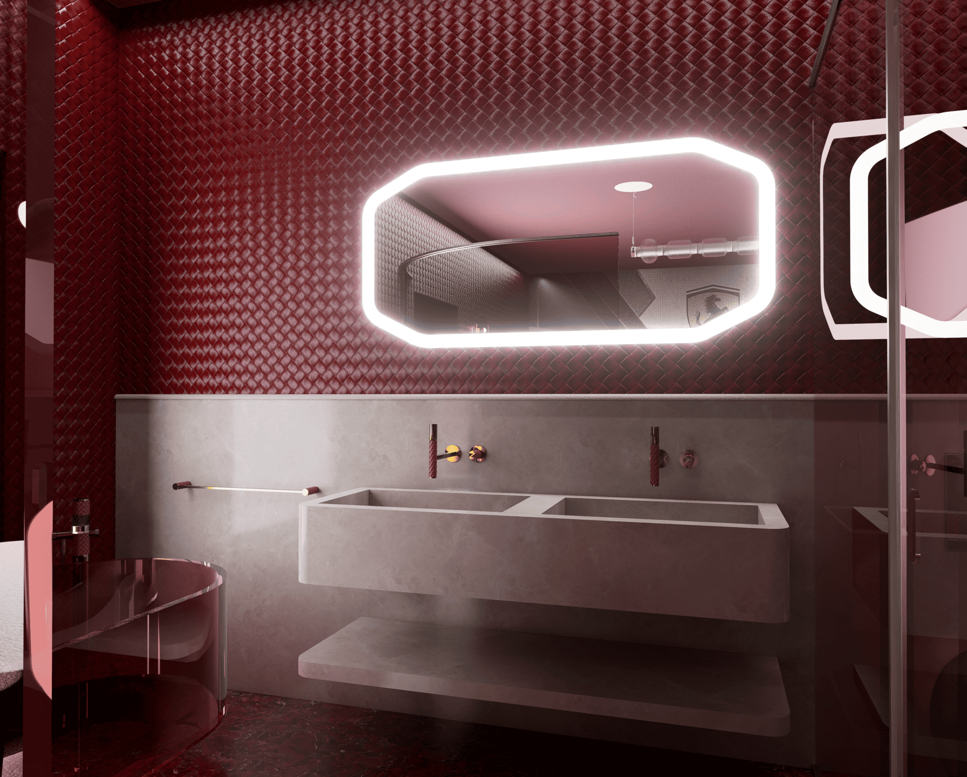 Salle de bain avec carrelage rouge foncé et un miroir rectangulaire éclairé par une lumière LED blanche. En dessous, un lavabo blanc suspendu. À gauche, un meuble incurvé en verre rouge foncé. Thème Ferrari F1.