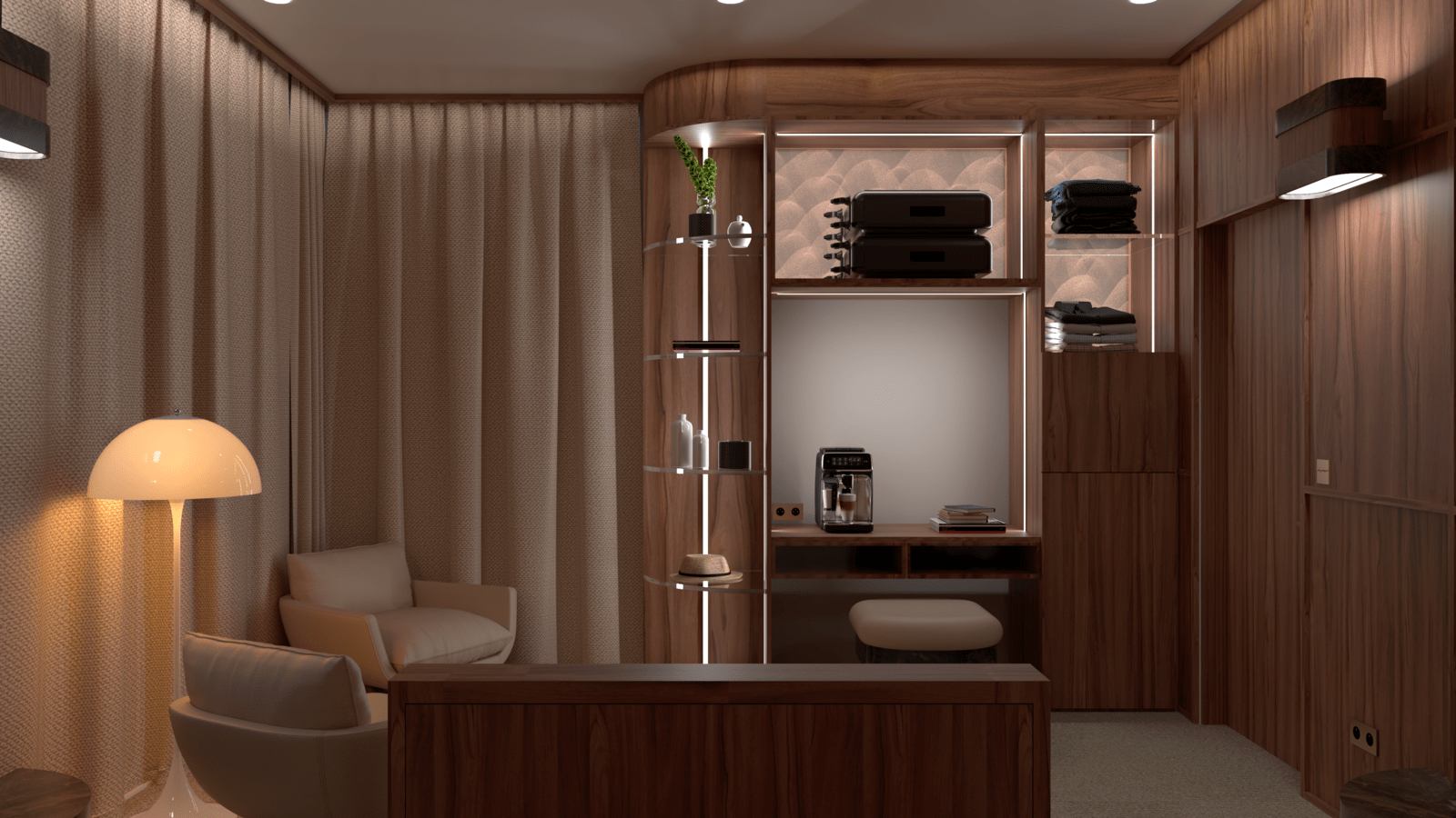 Salon intérieur d'une chambre d'hôtel 4 étoiles en Formica design et haut de gamme avec un coin bureau en bois, chaise, lampe de lecture et draps de lit, des éclairages stratégiques (appliques, bandes led et spots encastrés) design.