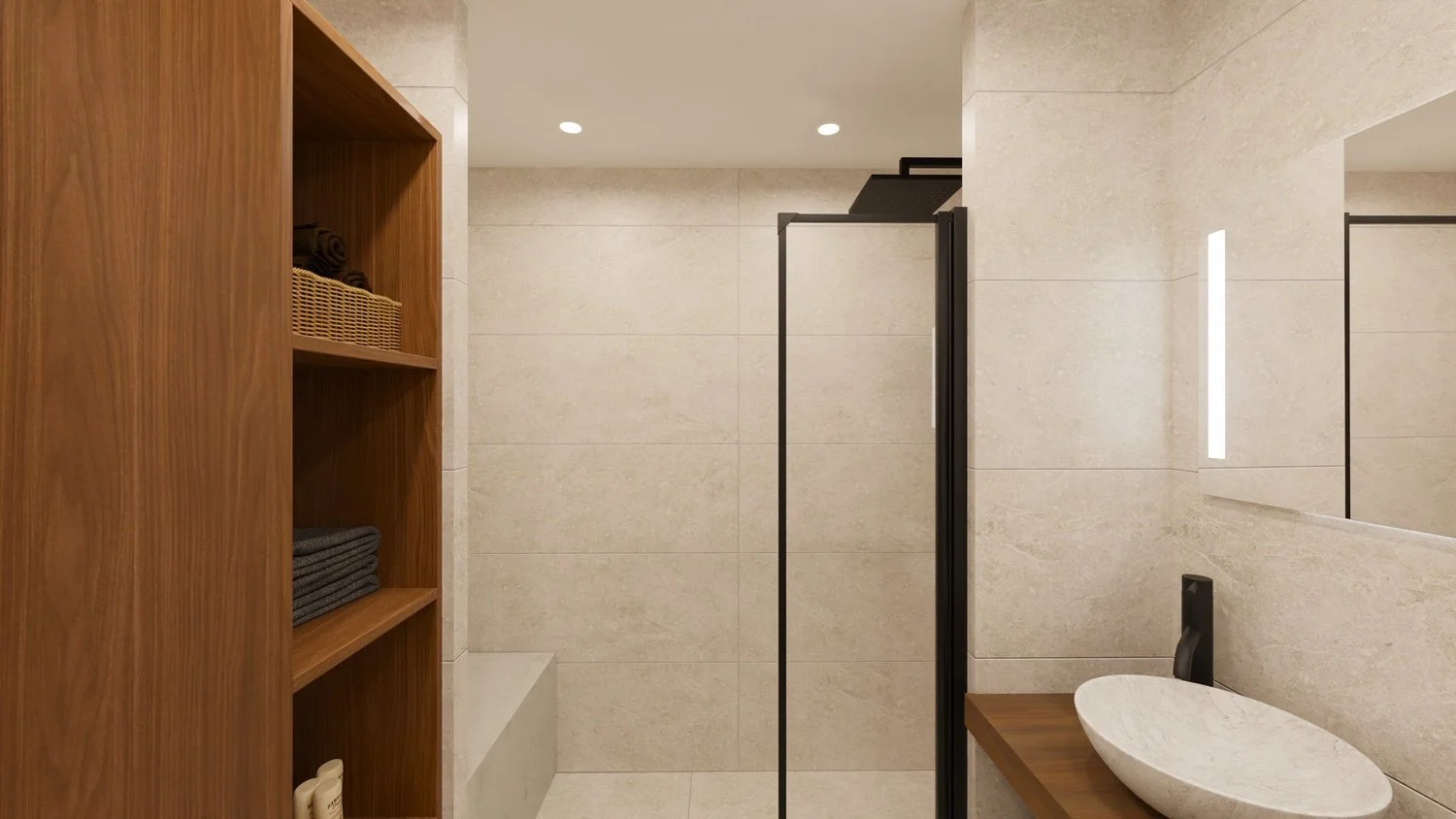 Rénovation haut de gamme d'un appartement avec salle de bain moderne avec des murs en pierre claire, une douche à l'italienne avec un plafond de douche noir, deux vasques rondes sur un meuble en bois, et un radiateur noir. Agencement sur mesures