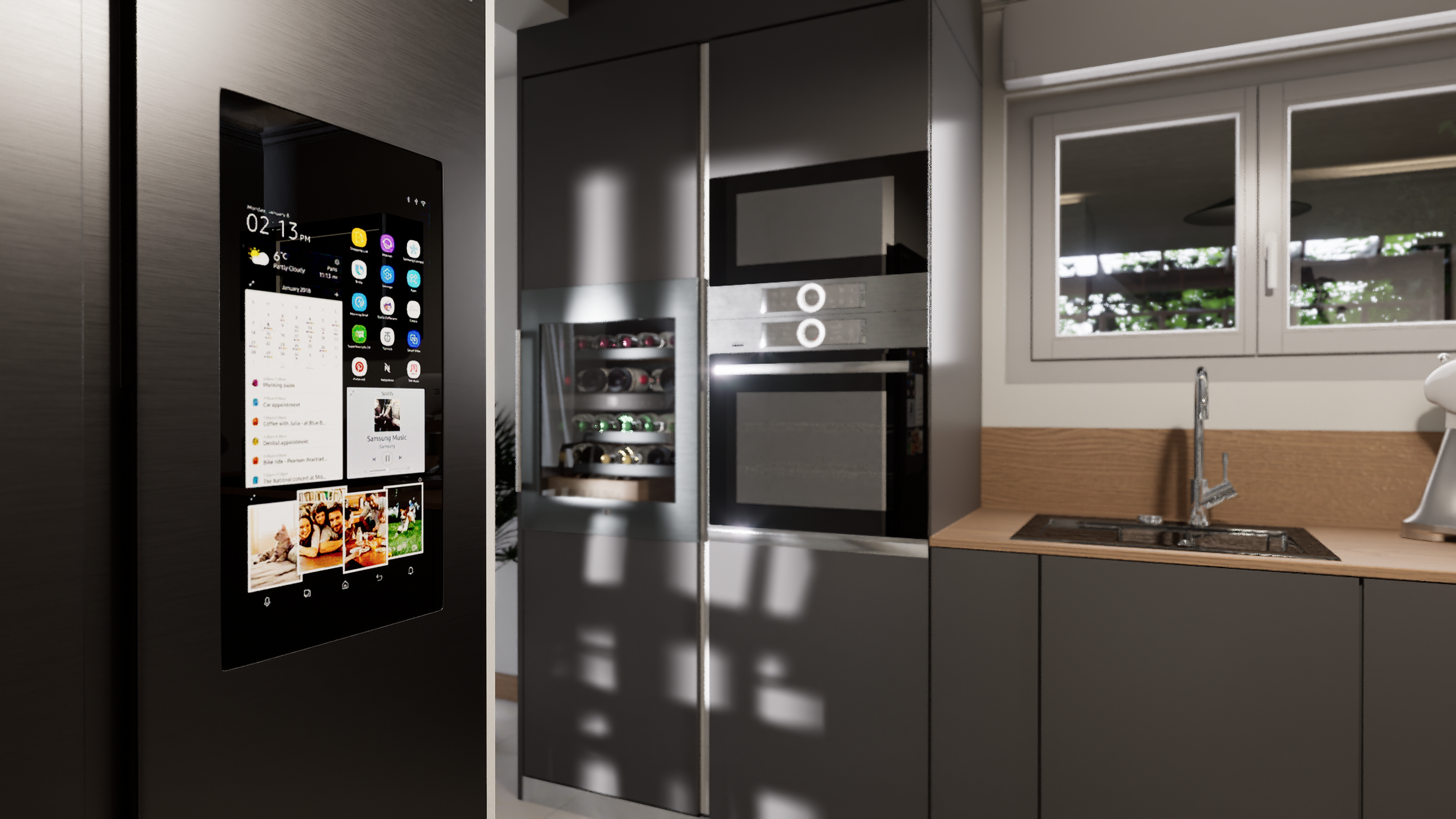 Projet de rénovation d'une maison avec une cuisine moderne avec un réfrigérateur, un four, un évier, un robot de cuisine, un placard en verre et une fenêtre laissant passer la lumière. Agencement haut de gamme sur mesure.