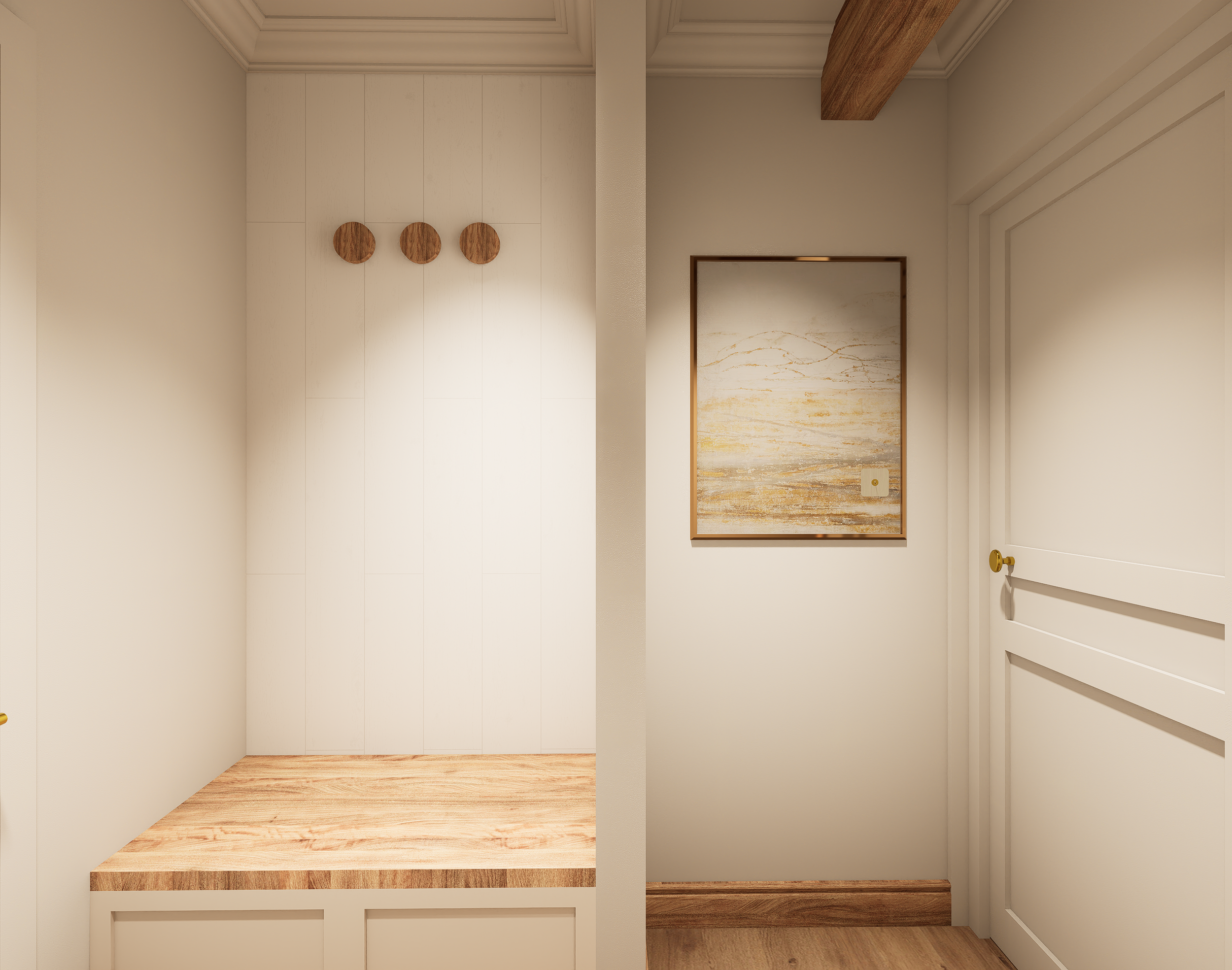 Rénovation haut de gamme d'une maison Anglaise avec un banc en bois avec un mur blanc derrière. À droite, une porte blanche avec une poignée dorée. Il y a un sol en bois clair. Agencement sur mesure