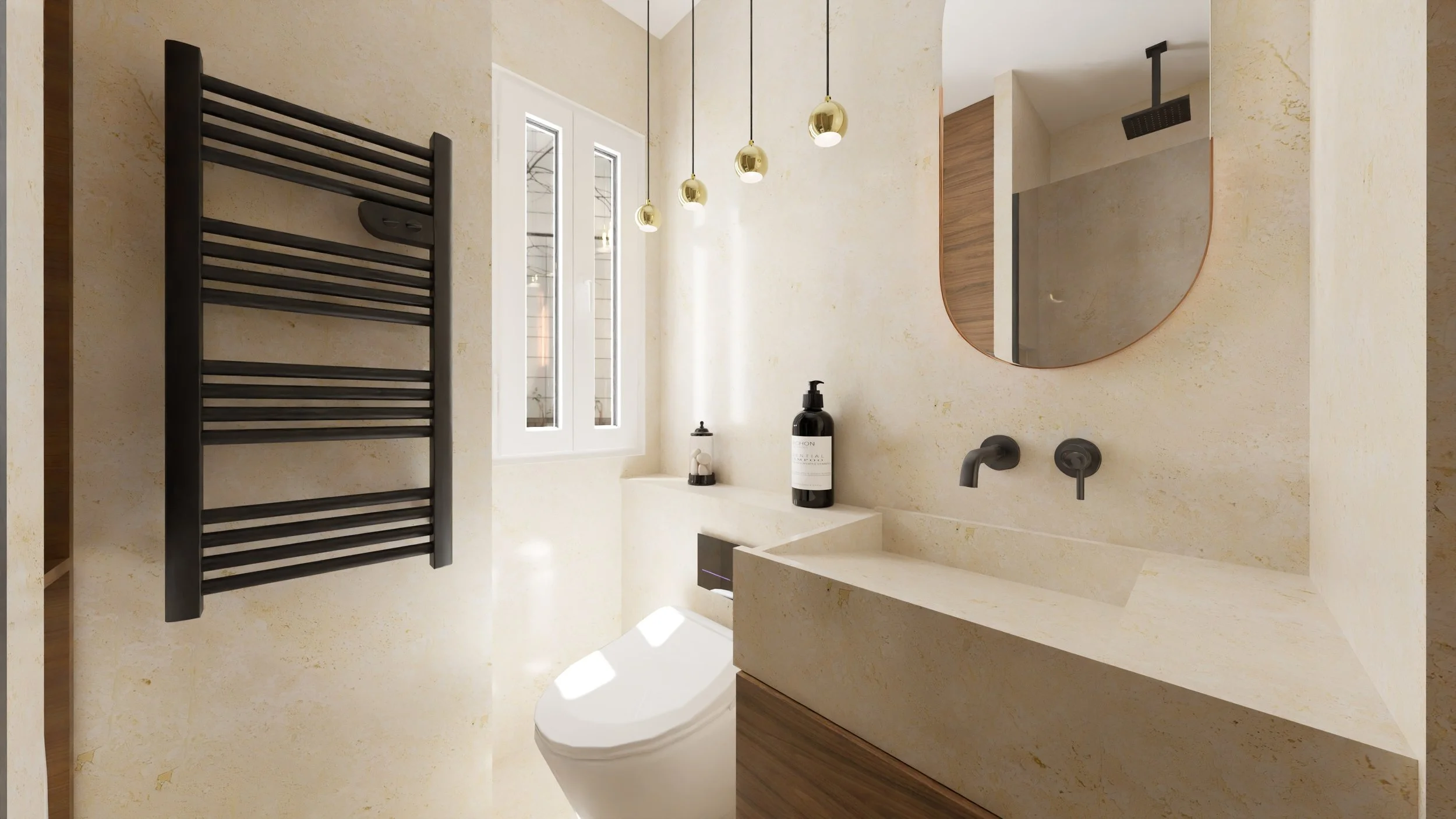 Salle de bain parisienne moderne Japandi avec un miroir rond, un lavabo intégré en pierre, un radiateur sèche-serviettes noir, un distributeur de savon noir, des suspensions dorées, un mur en pierre beige clair et un carrelage au sol.