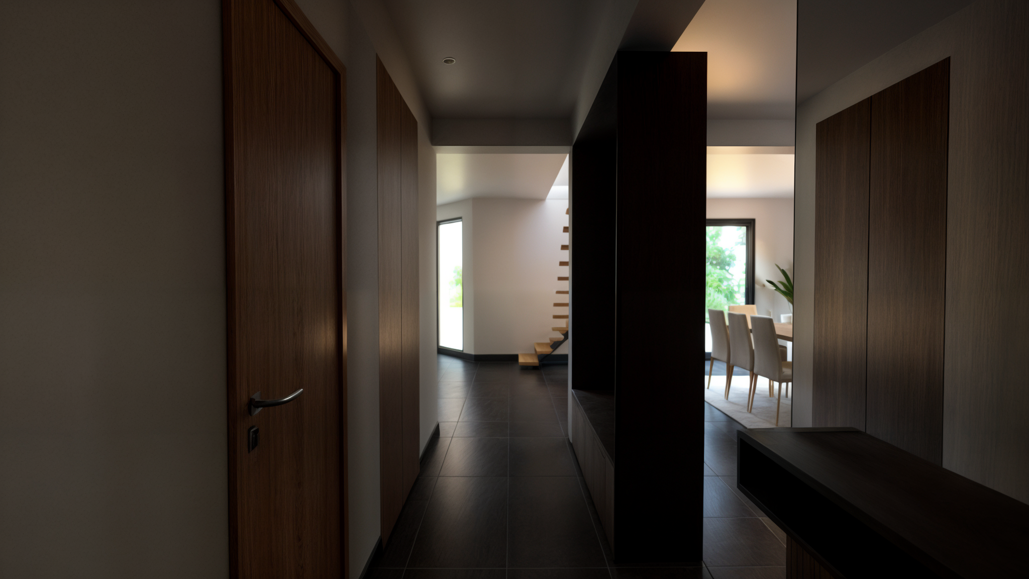 Rénovation haut de gamme d'une maison moderne avec un couloir sombre menant à une salle à manger lumineuse avec de grandes fenêtres et un arbre visible à l'extérieur. Agencement sur mesures.