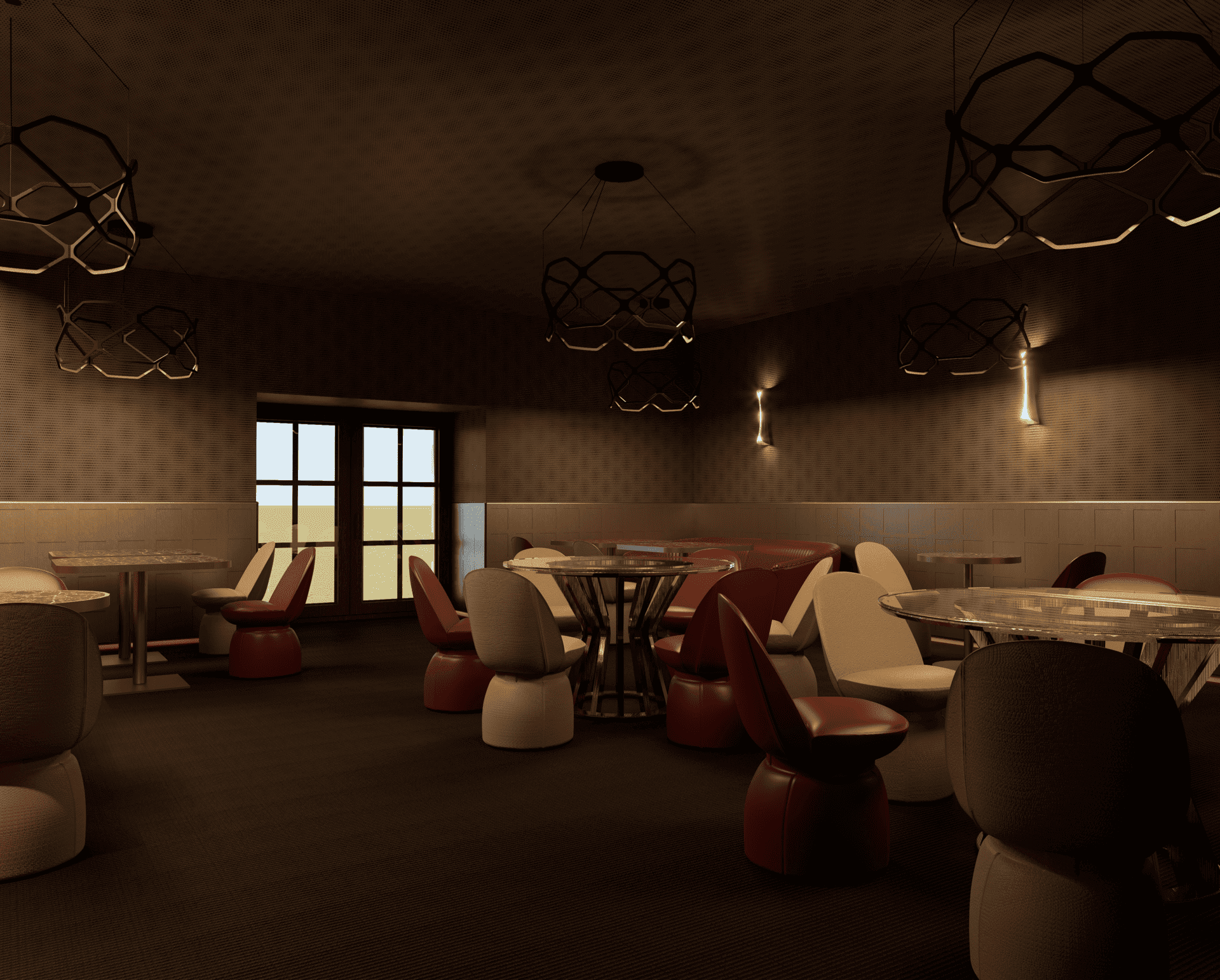 Intérieur d'un restaurant avec plusieurs tables rondes et chaises, décoration moderne avec plafonniers en forme géométrique, et fenêtres donnant sur l'extérieur.