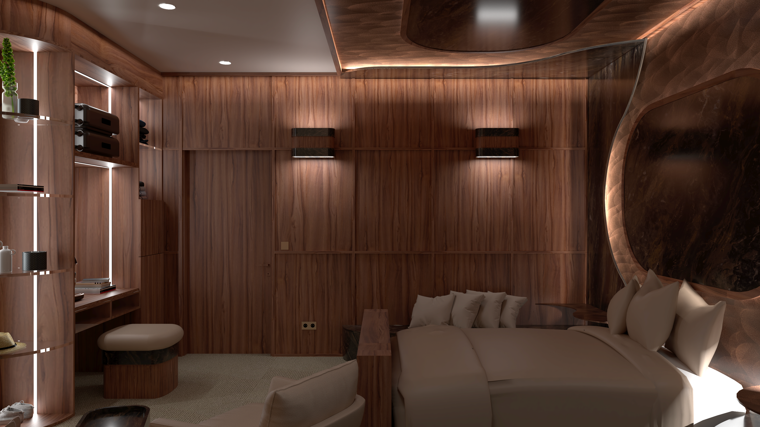 Intérieur d'une chambre avec murs en bois, un canapé beige, une table en bois, et une décoration moderne avec des lumières intégrées.