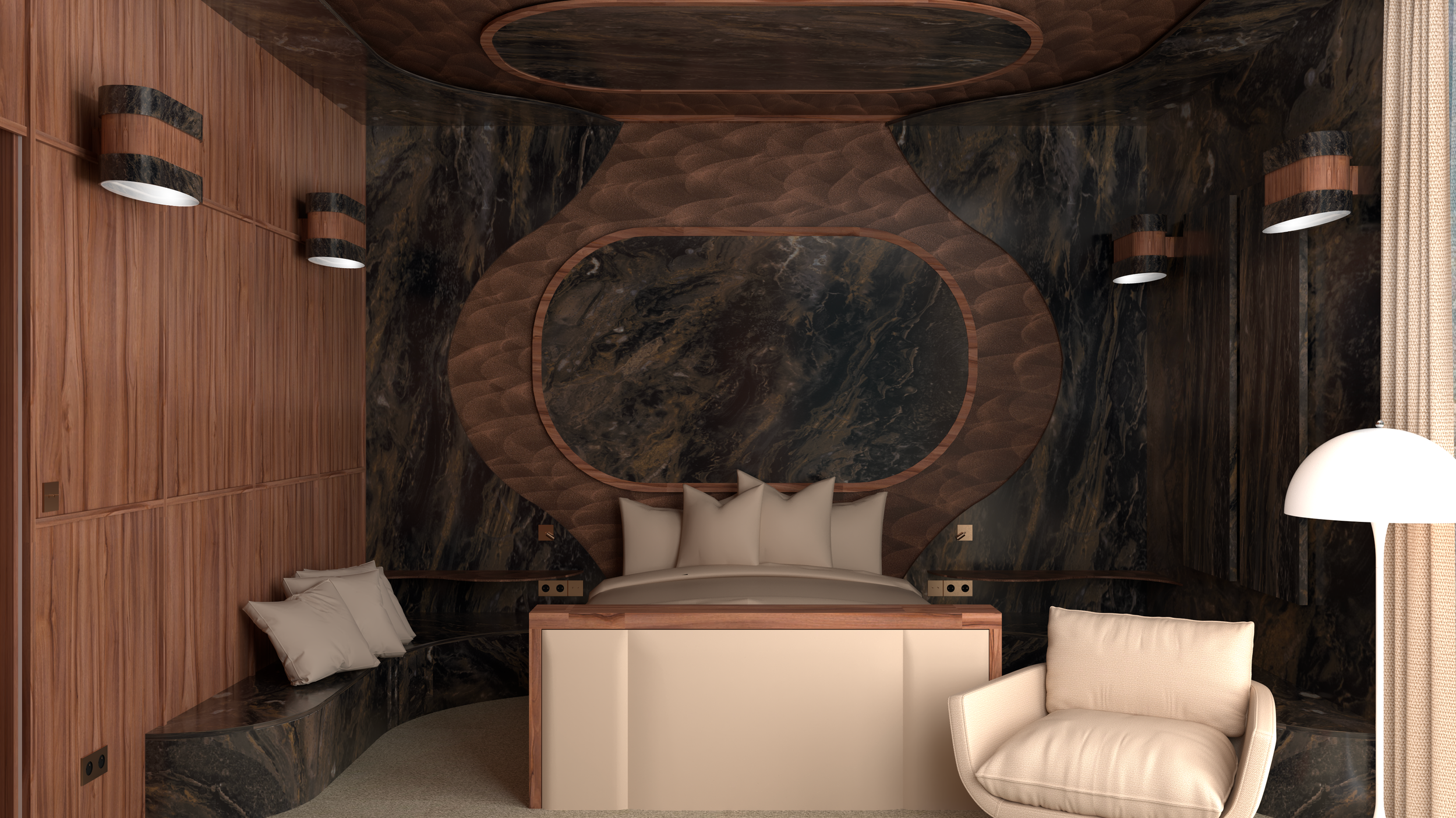 Vue aérienne d'un intérieur de chambre moderne avec un lit double, murs en bois avec éclairage mural et éléments en marbre noir.