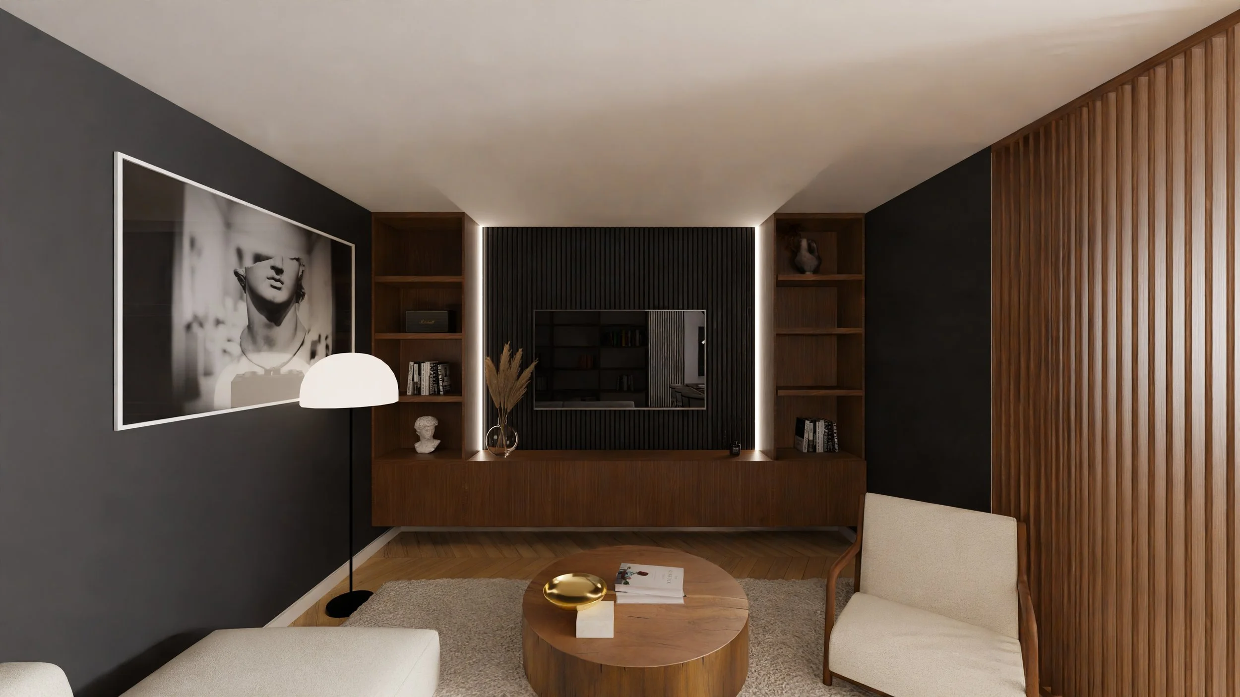 Rénovation haut de gamme d'un appartement avec salon moderne avec canapés blancs, table basse en bois, fauteuils en bois, étagères en bois noir, télévision murale, lampadaire à pied, décoration minimaliste. Agencement sur mesures.