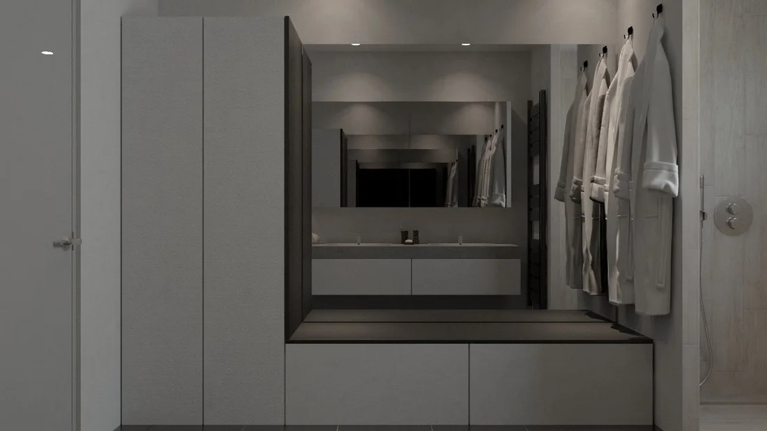 Rénovation haut de gamme d'une maison à Charnay avec une salle de bain dans des tons bruts, béton ciré gris clair, agencement sur mesures avec colonnes de rangement et banc.