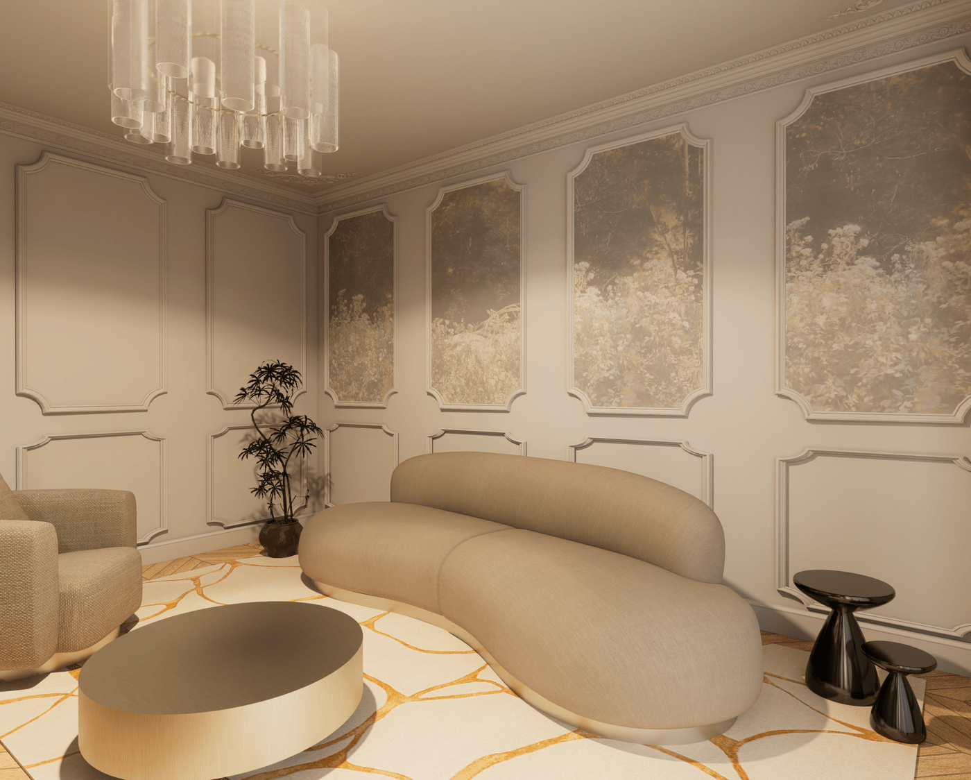 Intérieur moderne haut de gamme avec un mur en bois et un diviseur en tissu, papier peint paysage, table avec vases et décoration, et suspension lumineuse prouche au plafond en collaboration avec Perene
