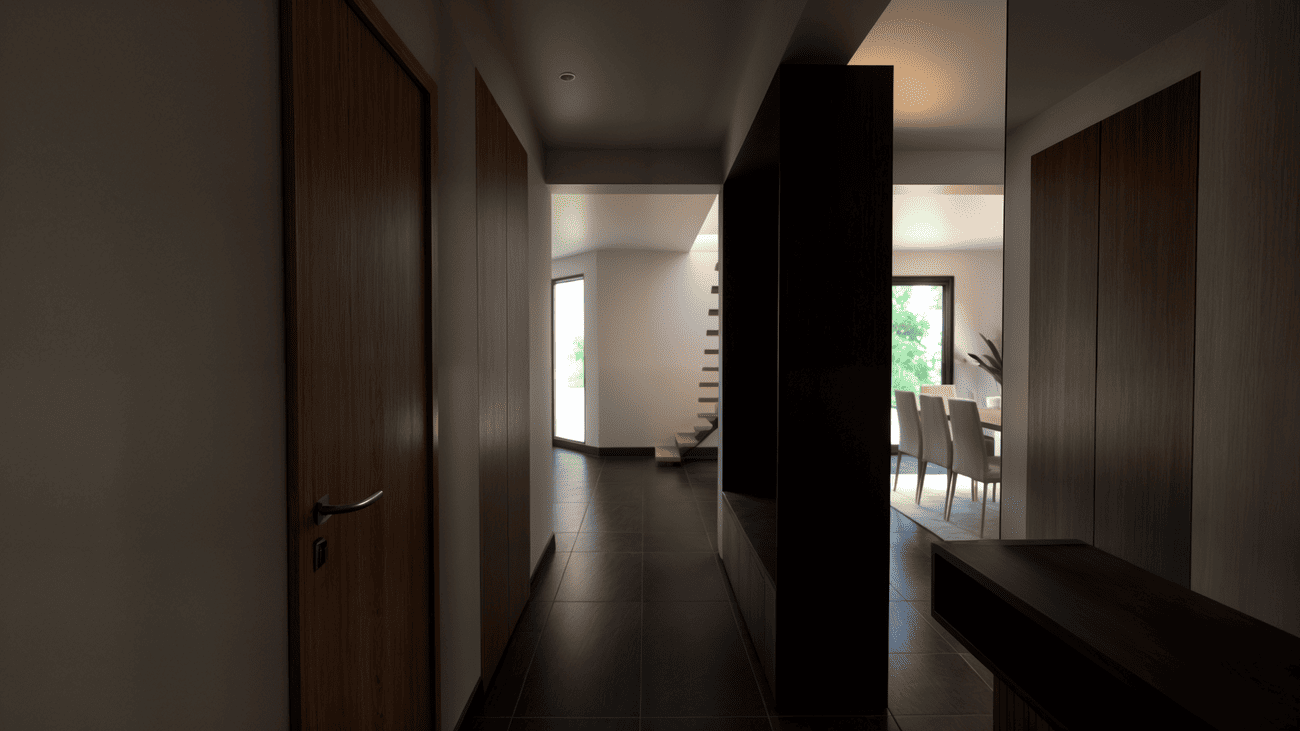 Rénovation haut de gamme d'une maison moderne avec un couloir sombre menant à une salle à manger lumineuse avec de grandes fenêtres et un arbre visible à l'extérieur. Agencement sur mesures.
