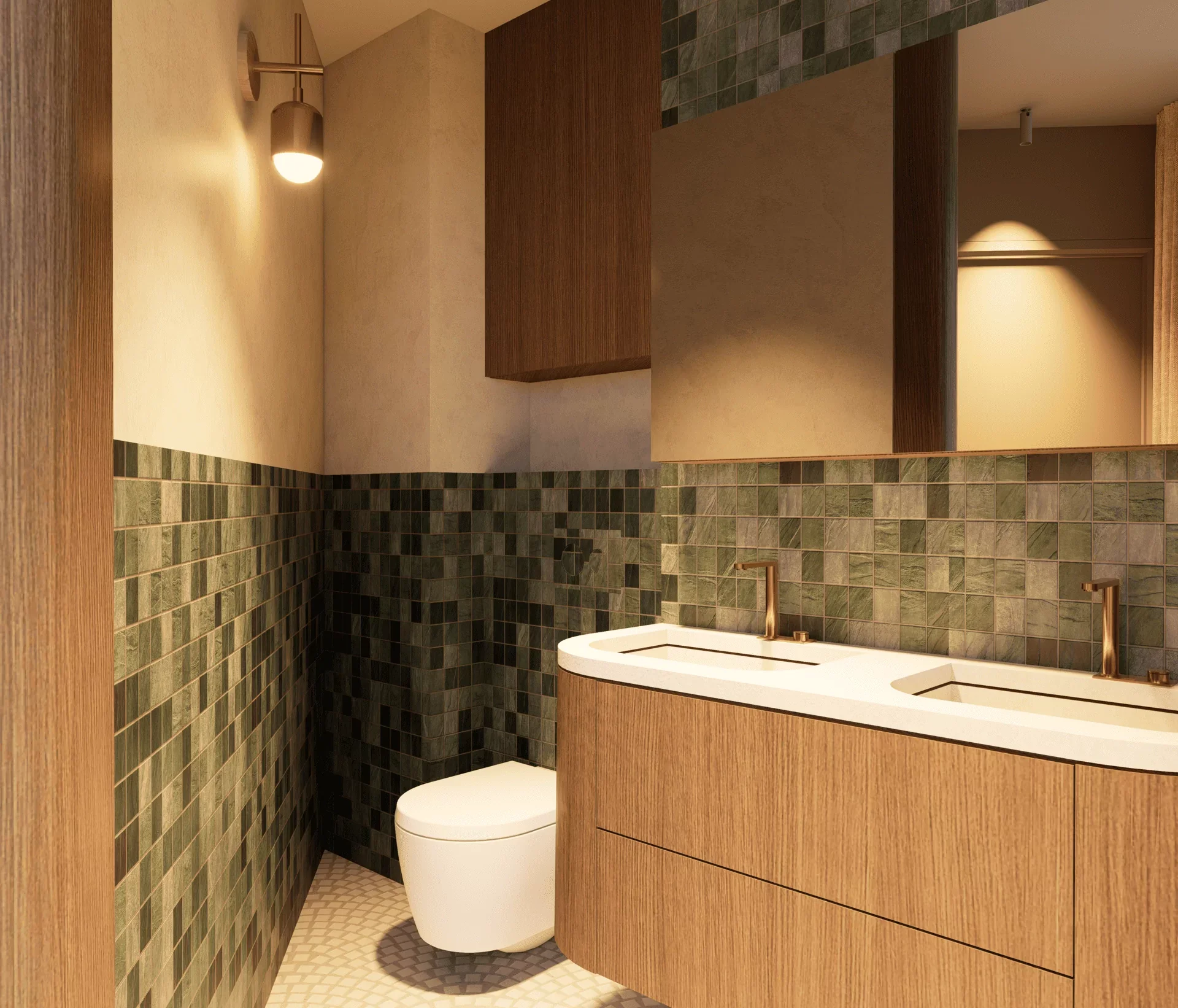 Salle de bains moderne avec lavabo en marbre, meuble de rangement en bois, mur en mosaïque verte, toilette compacte, éclairage par plafond.