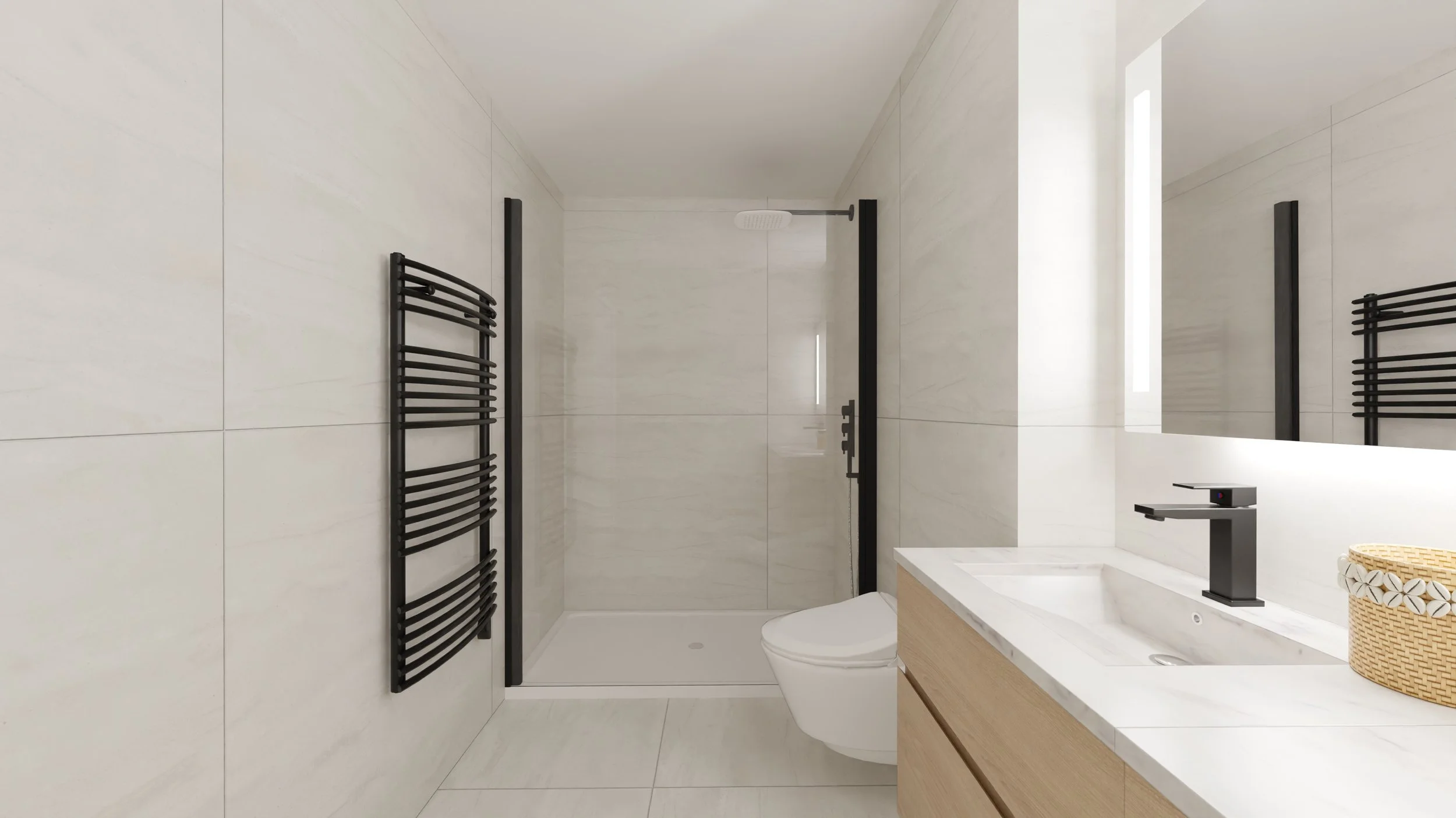 Rénovation haut de gamme d'un appartement à Valdahon avec salle de bain moderne avec douche à l'italienne, lavabo avec robinetterie noire, miroir au-dessus du lavabo, mur en carrelage blanc. Agencement sur mesures 