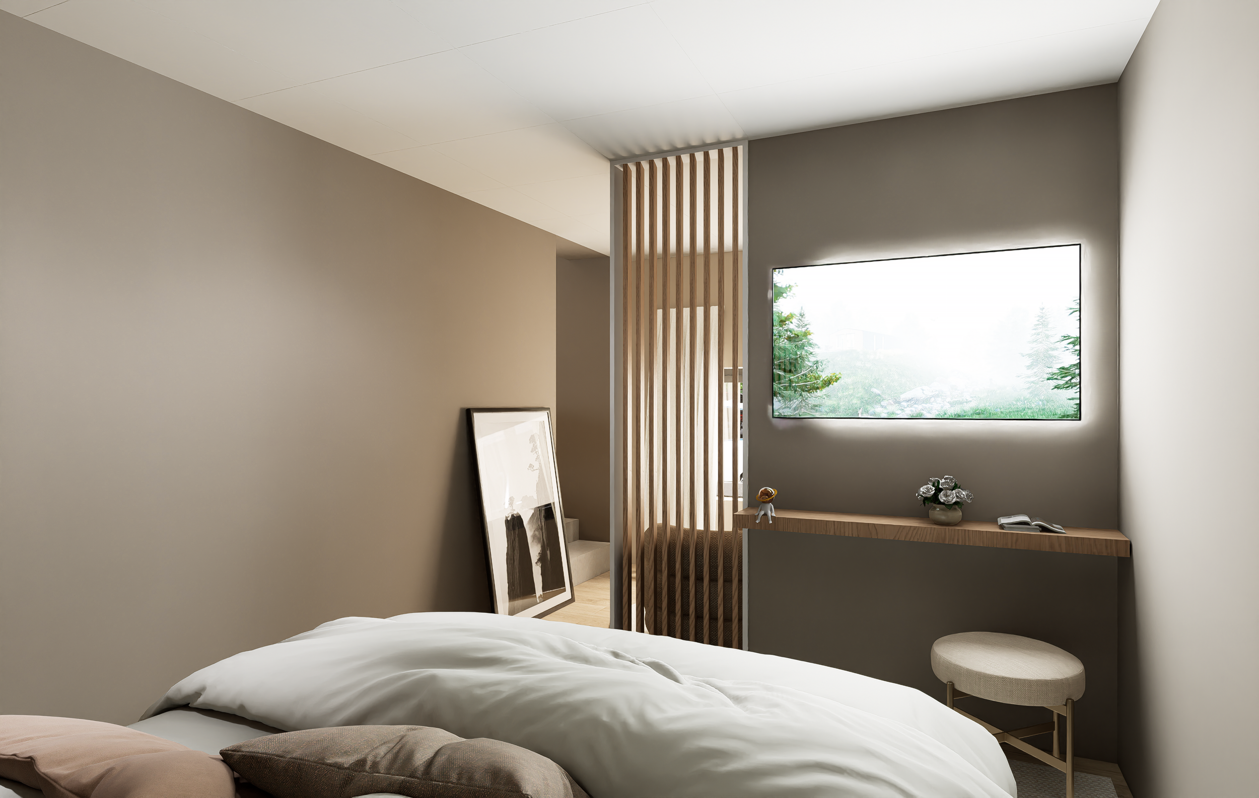 Projet de rénovation d'un appartement avec chambre moderne avec un lit, un mur gris, une fenêtre, une décoration minimaliste avec une plante, une photo encadrée, et un tabouret beige.