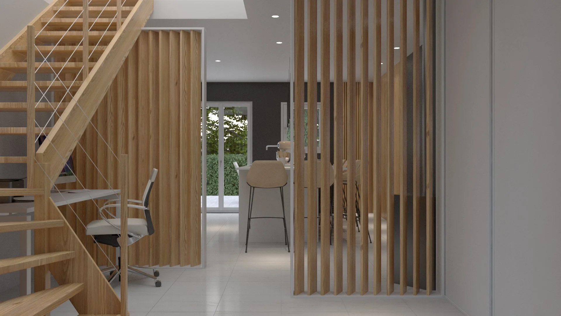Rénovation haut de gamme d'une maison à Charnay avec escaliers en bois, claustras en bois, et coin repas avec bar et chaises, vue vers l'extérieur à travers une porte-fenêtre. Agencement sur mesure.