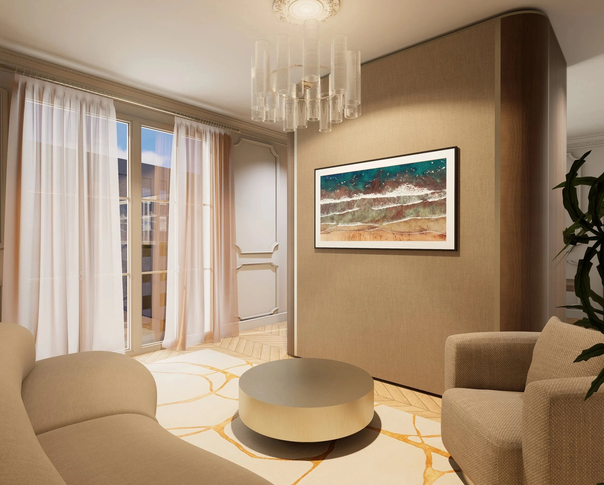 Intérieur moderne haut de gamme avec un mur en bois et un diviseur en tissu, grande fenêtre avec rideaux, table avec vases et décoration, et suspension lumineuse prouche au plafond en collaboration avec Perene