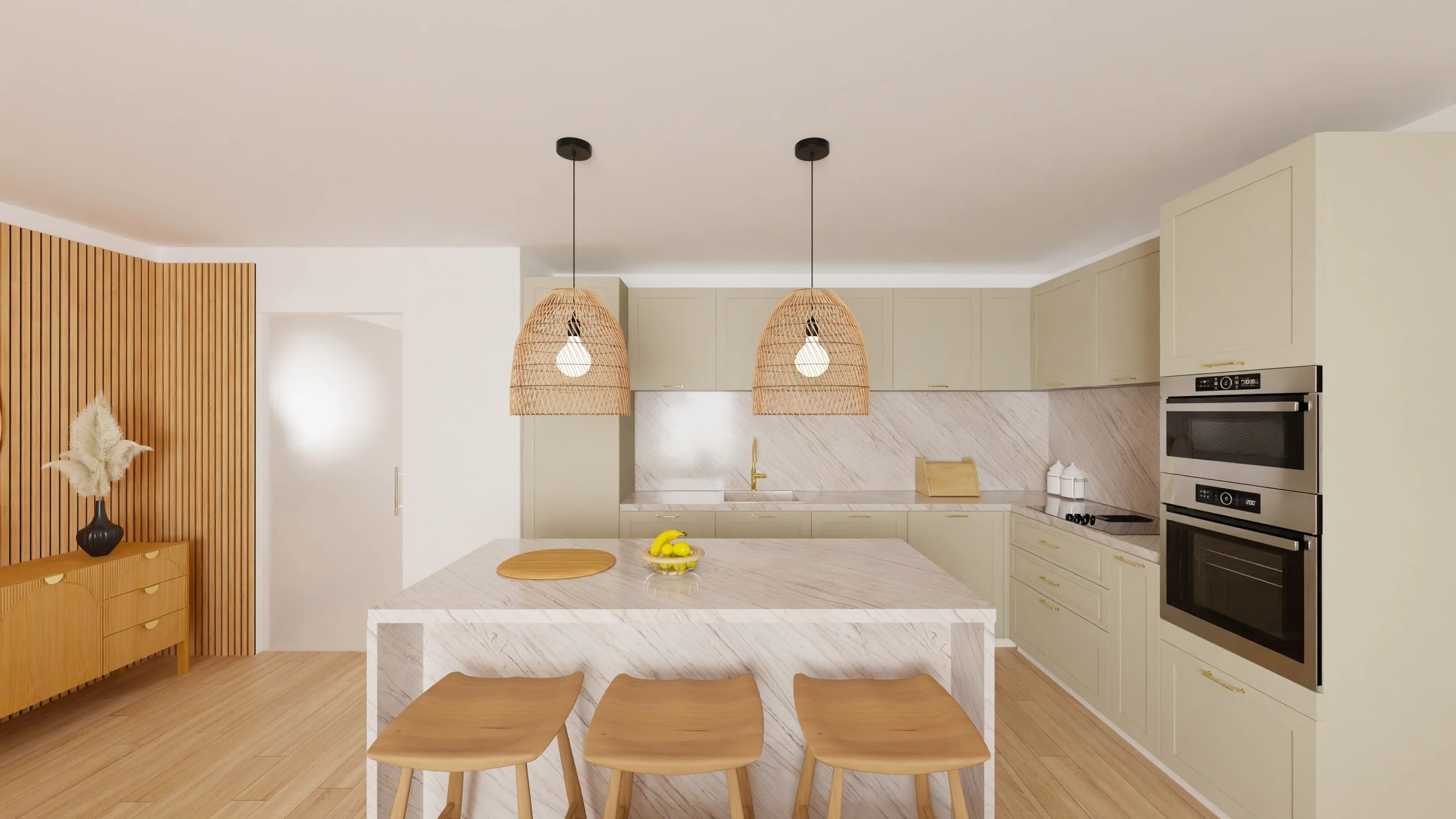 Rénovation haut de gamme d'un appartement à Valdahon avec cuisine moderne avec îlot central en marbre, deux lampes en rotin suspendues, armoires beige, four double encastré, évier en or avec robinetterie dorée. Agencement sur mesures