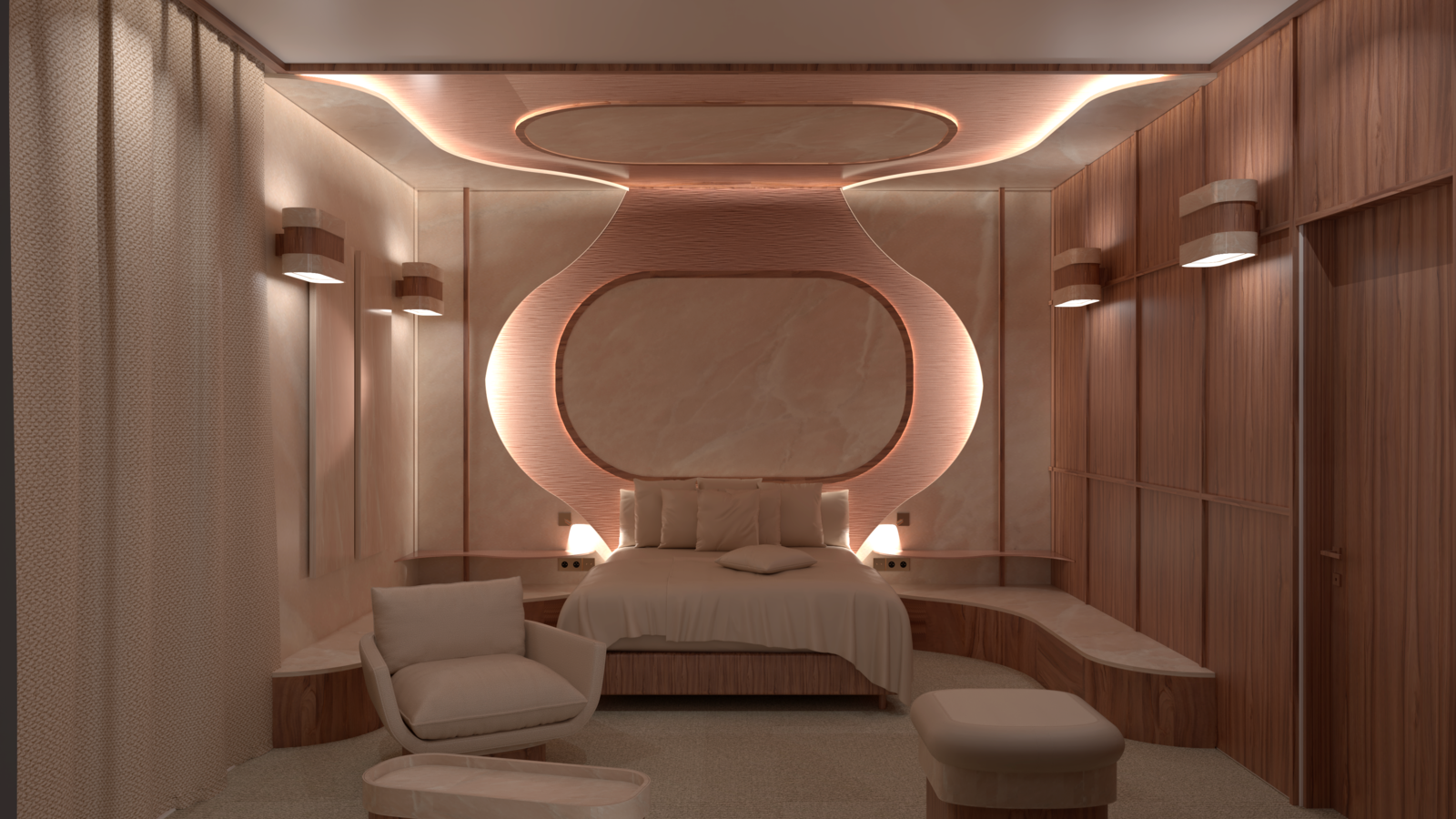 Chambre moderne avec une tête de lit en forme de cercle entourée de lumières LED, murs en bois clair et meubles en bois clair, avec une chaise blanche près du lit.