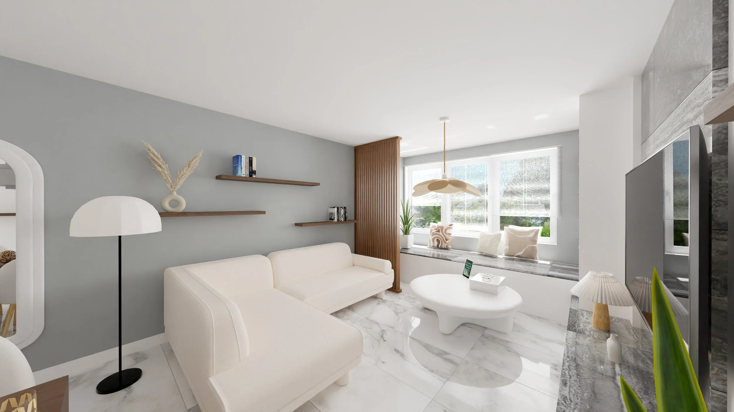 Rénovation d'un appartement en Moldavie avec un salon avec panneau en pierre, télévision, étagères murales, au mur et table avec décorations en verre et céramique. Agencement haut de gamme sur mesures.