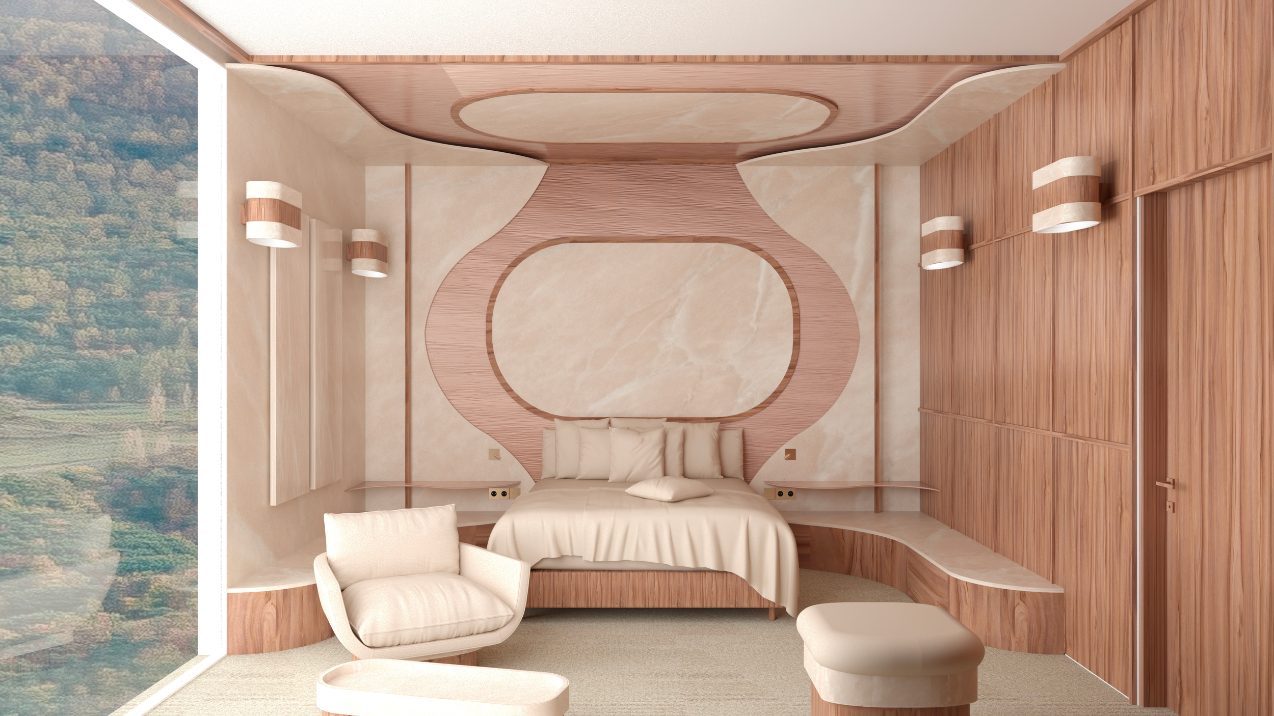 Vue de la chambre avec un lit central, des murs en bois clair, un éclairage mural, un fauteuil blanc et un espace de rangement en bois.