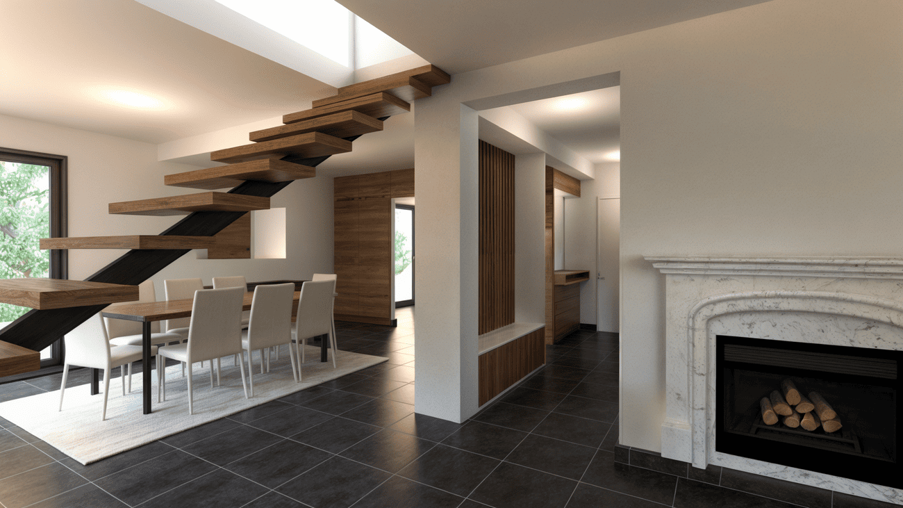 Rénovation haut de gamme d'une maison moderne avec escalier en bois, cheminée en marbre, meubles en bois, fenêtres larges et sol en carreaux noirs. Agencement sur mesures.