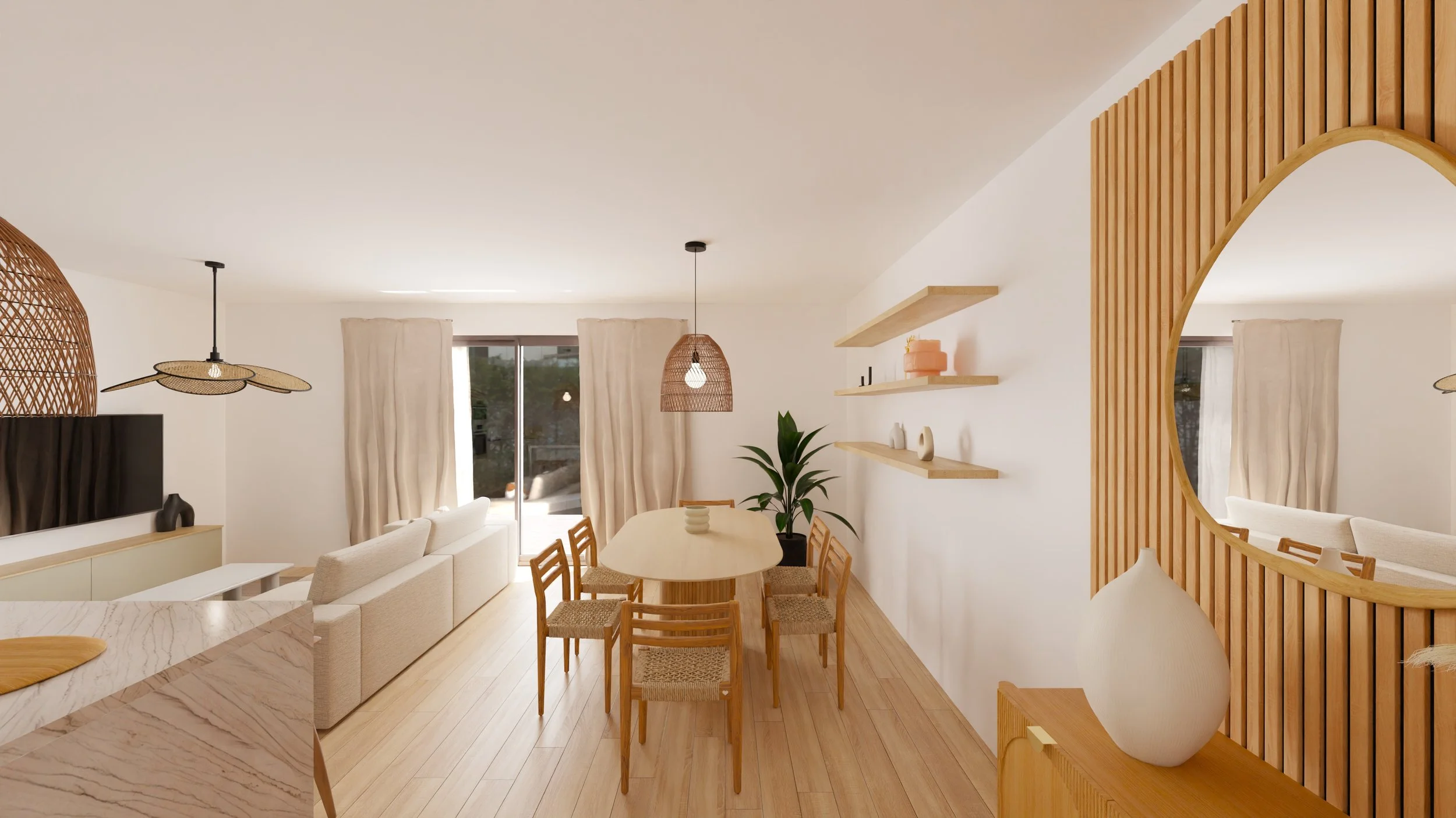 Rénovation haut de gamme d'un appartement à Valdahon avec salon moderne avec meubles en bois clair, plantes vertes et décorations minimalistes. Agencement sur mesures.