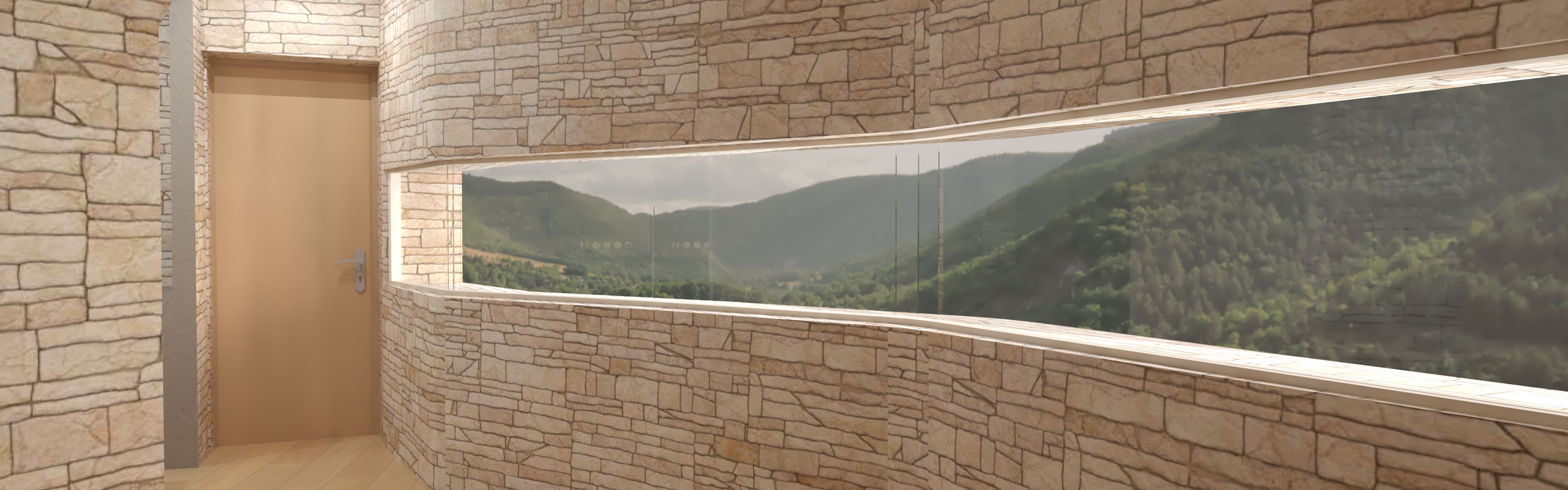 Rénovation haut de gamme d'une maison dans l'Aveyron, à Cantobre avec chambre avec murs en pierre et une grande fenêtre offrant une vue sur des montagnes verdoyantes. Agencement sur mesures.