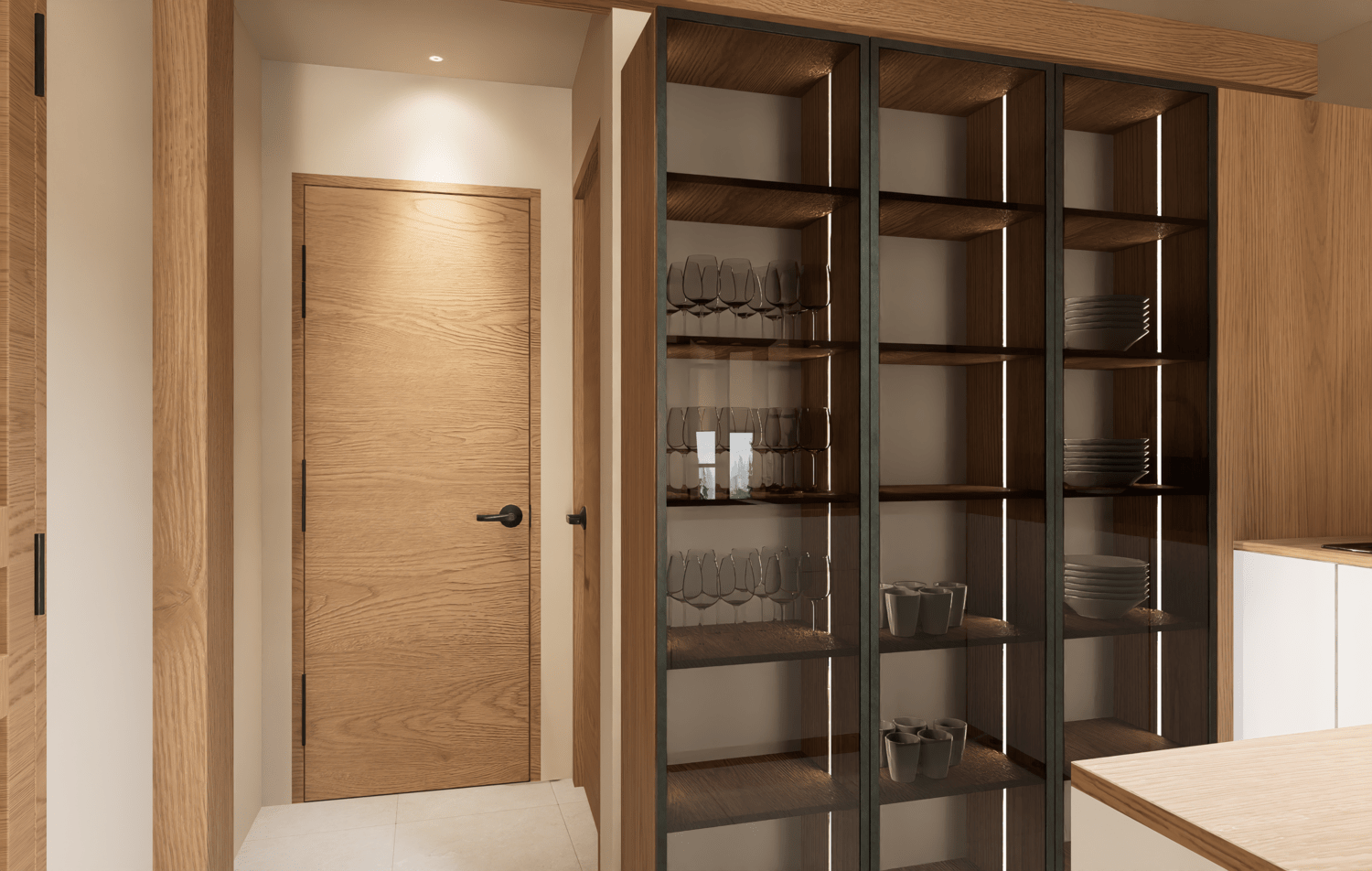 Projet de rénovation d'un appartement avec une cuisine moderne avec des armoires en bois, un évier en acier inoxydable, une table en bois et des suspensions en bois. Agencement sur mesure.