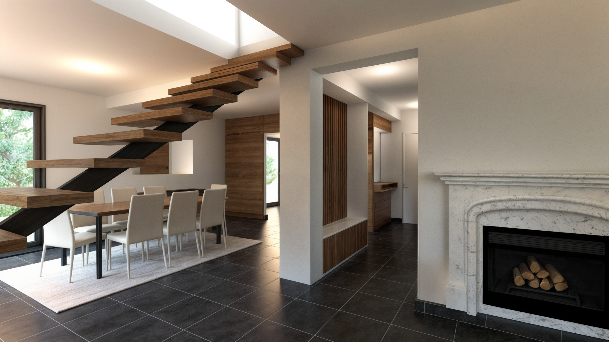 Rénovation haut de gamme d'une maison moderne avec escalier en bois, cheminée en marbre, meubles en bois, fenêtres larges et sol en carreaux noirs. Agencement sur mesures.