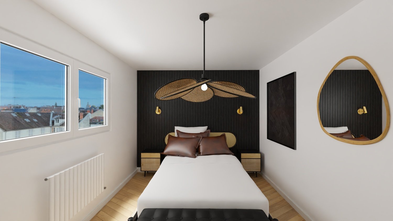 Rénovation haut de gamme d'un appartement avec chambre moderne avec lit blanc, tête de lit en bois et noir, lampe suspendue en rotin au plafond, mur blanc avec deux fenêtres laissant entrer la lumière. Agencement sur mesures
