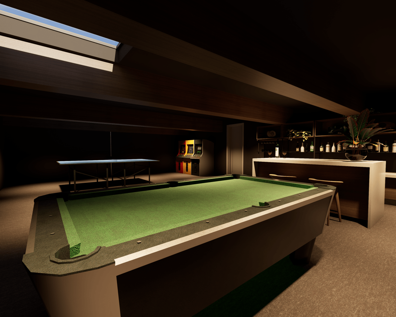 Rénovation haut de gamme d'une villa à Chelles avec billard de taille normale dans une pièce sombre, avec une table en vert, une étagère avec des bouteilles, et un décor avec des plantes, une table en coin et des machines de jeux vidéo.
