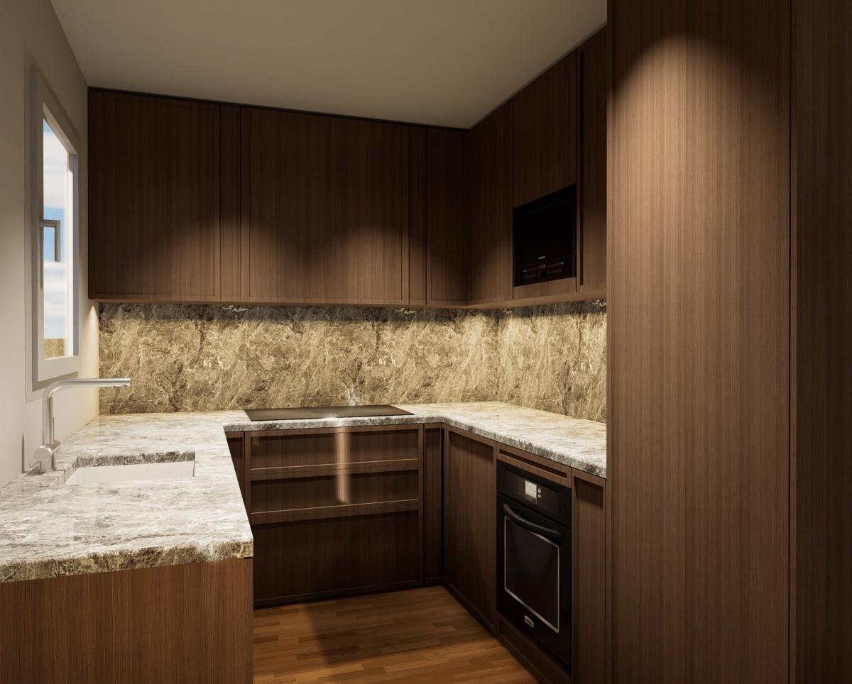 Rénovation haut de gamme d'un appartement à Saint Denis avec cuisine moderne avec armoires en bois foncé, comptoir en marbre clair, fenêtre laissant entrer la lumière naturelle, et électroménagers encastrés. Agencement sur mesure