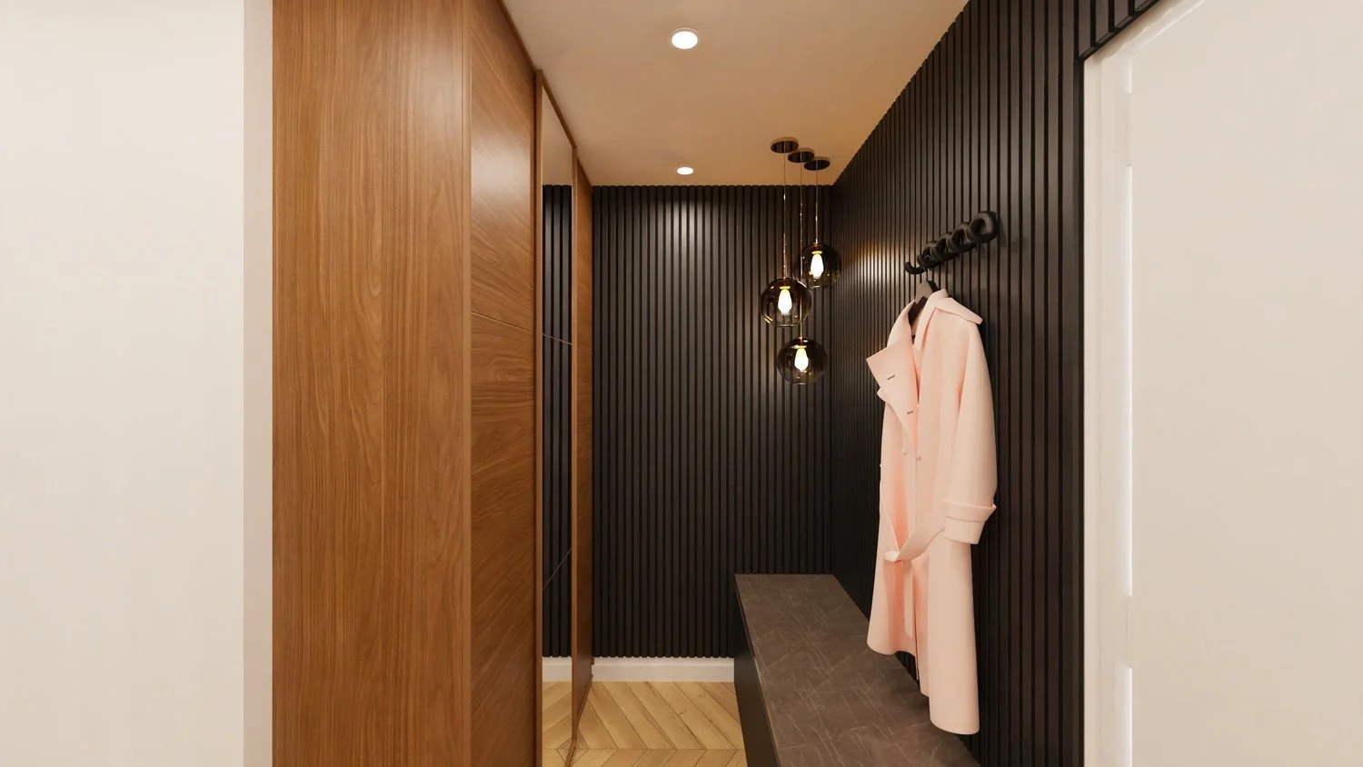 Rénovation haut de gamme d'un appartement avec une entrée avec un mur en bois clair et un mur en lamelles noires, avec un manteau rose suspendu et un éclairage moderne suspendu. Agencement sur mesures.