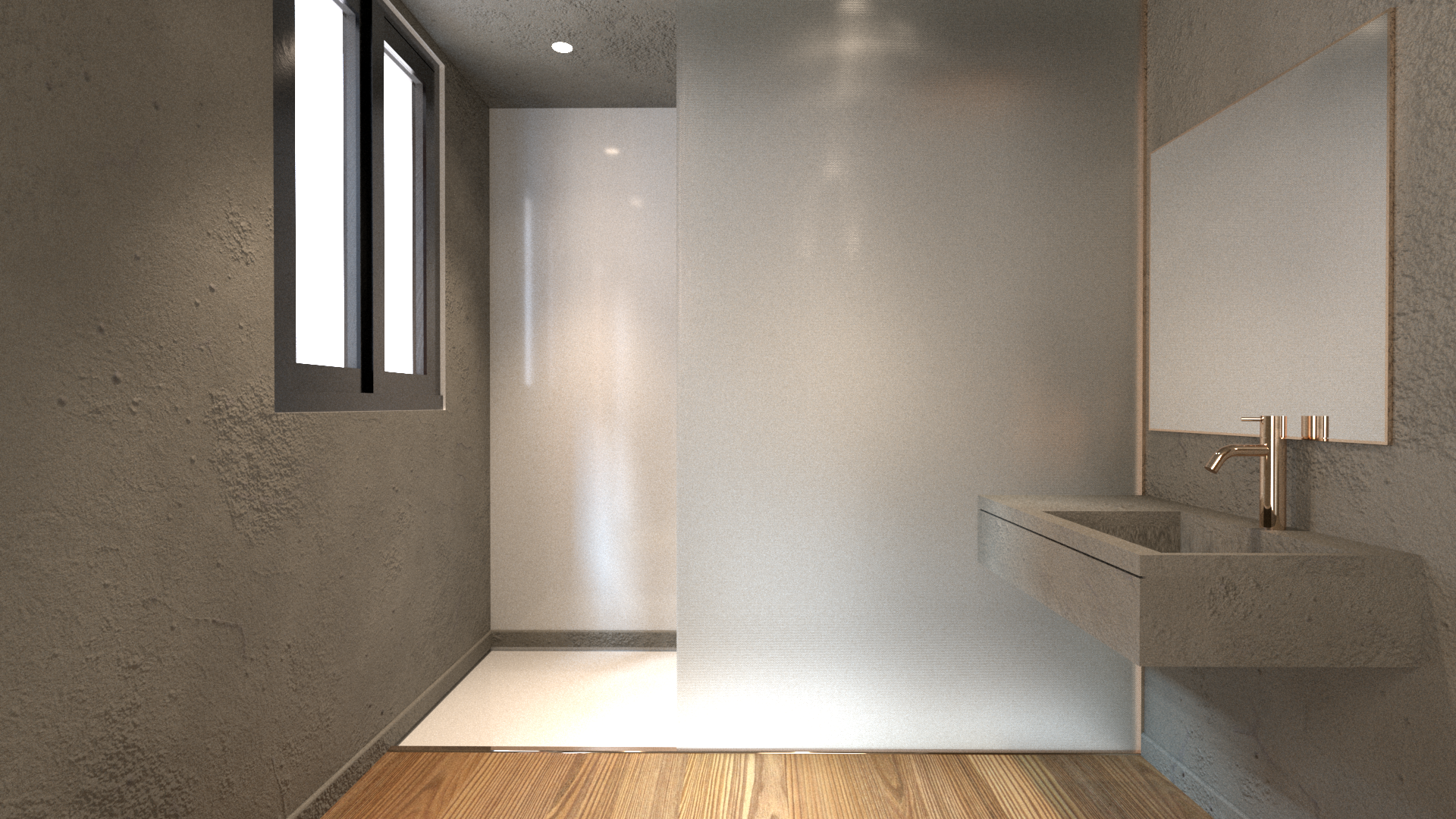 Une pièce de salle de bain moderne avec un lavabo en pierre et un grand miroir au mur. Une fenêtre au mur à gauche permet d'apporter de la lumière naturelle. Appartement haut de gamme rénové selon le thème du vin à Neuilly sur Seine.